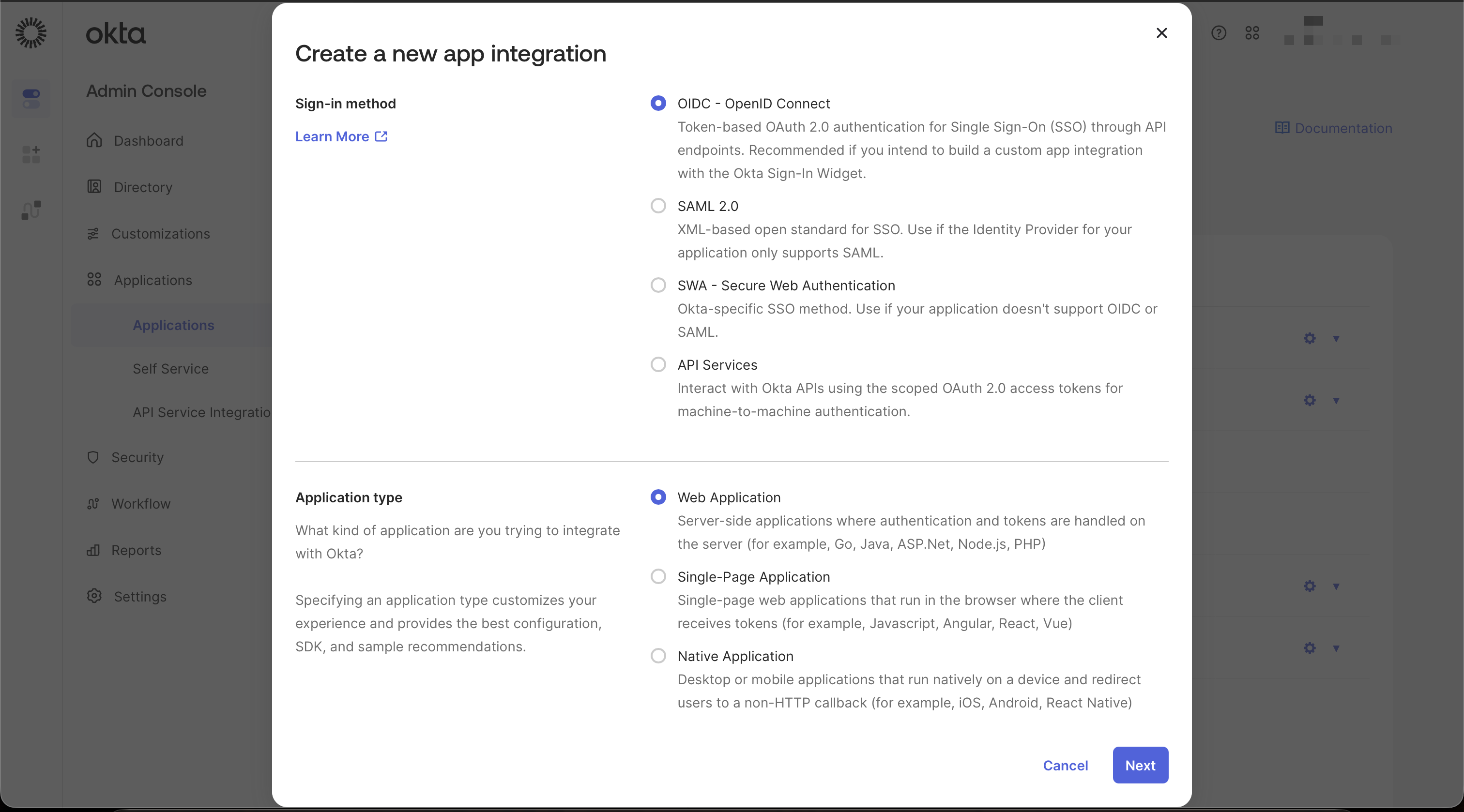 Create App Integration dialog with OIDC – OpenID Connect and Web Application selected