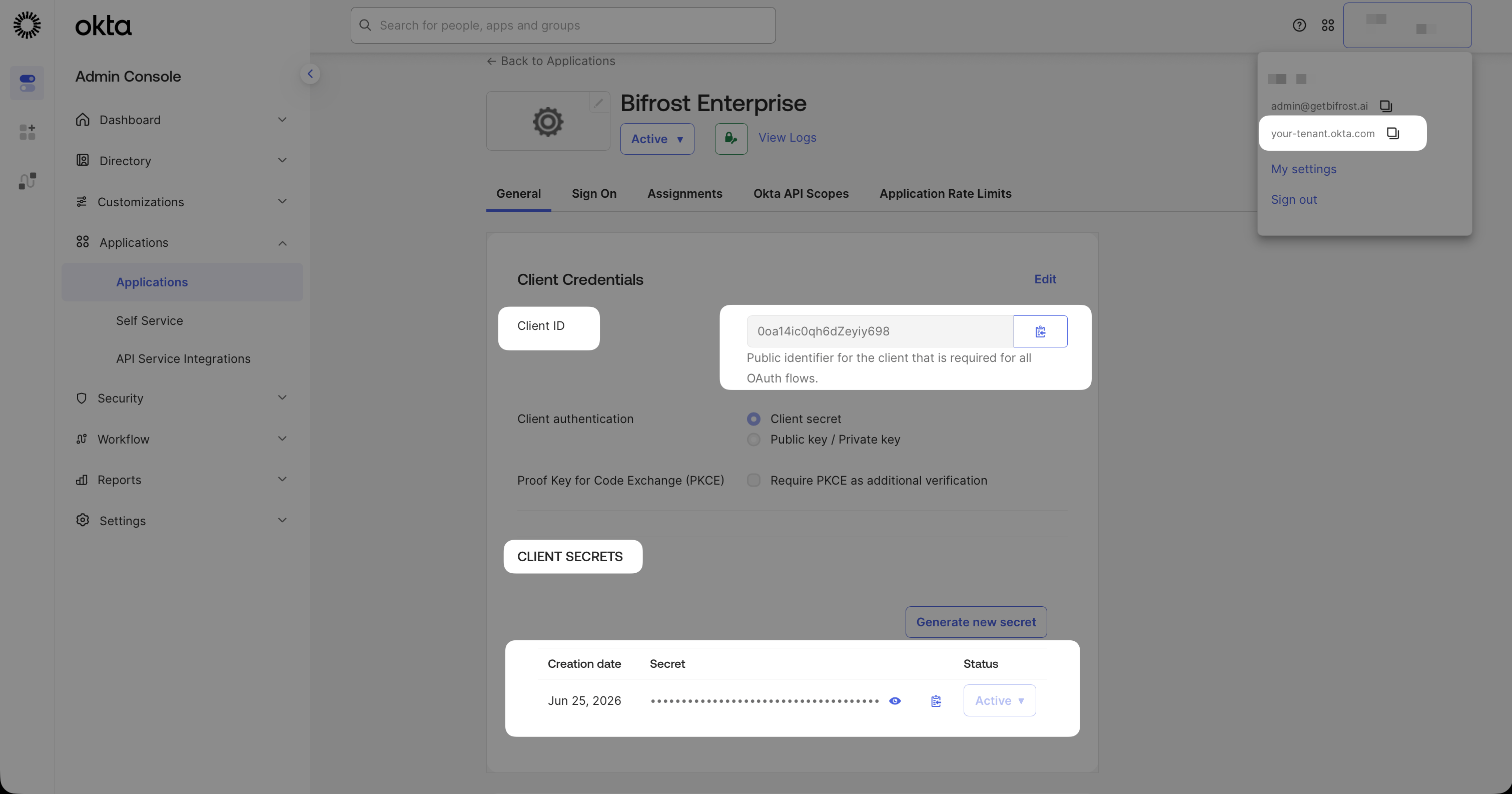General tab of the Okta app showing Client ID and Client Secret fields