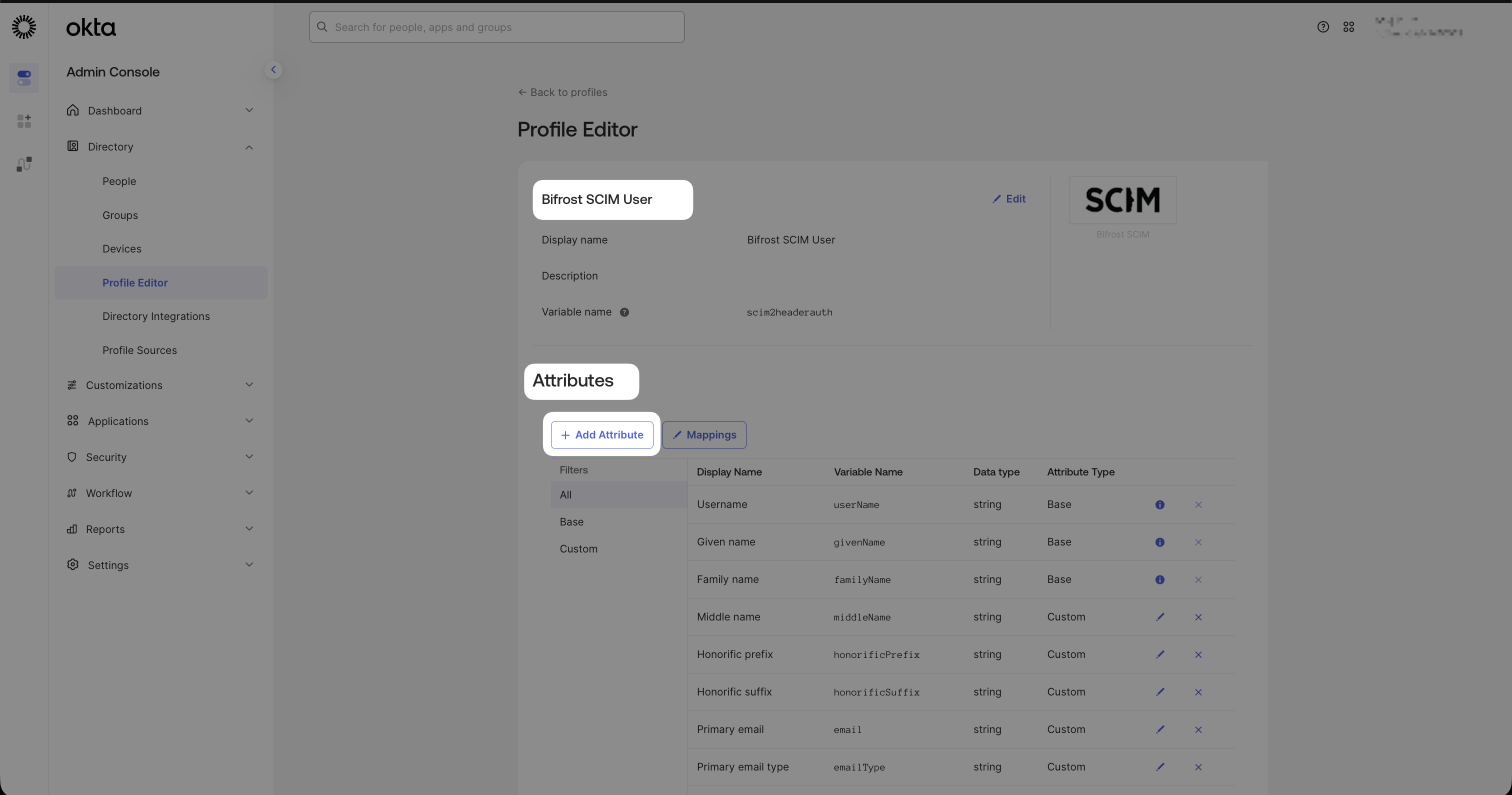 Okta Profile Editor for the Bifrost SCIM app showing the Add Attribute and Mappings buttons