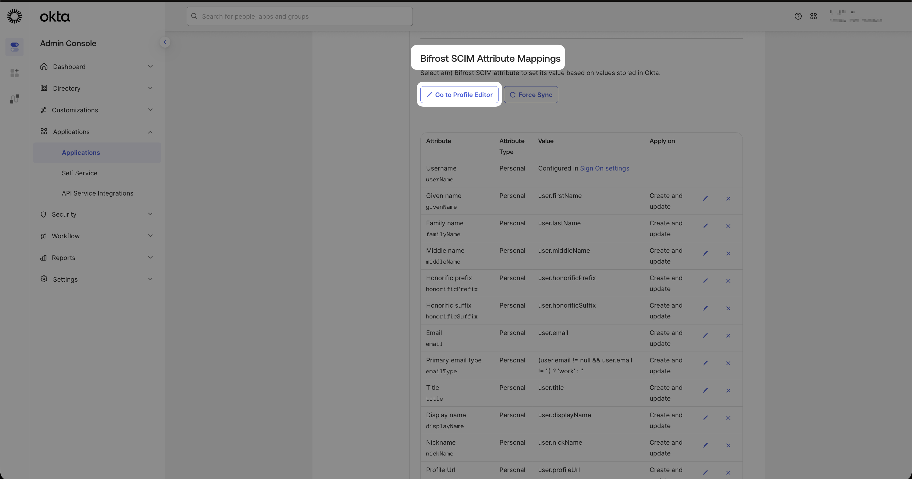 Bifrost SCIM Attribute Mappings screen with Go to Profile Editor and Force Sync buttons
