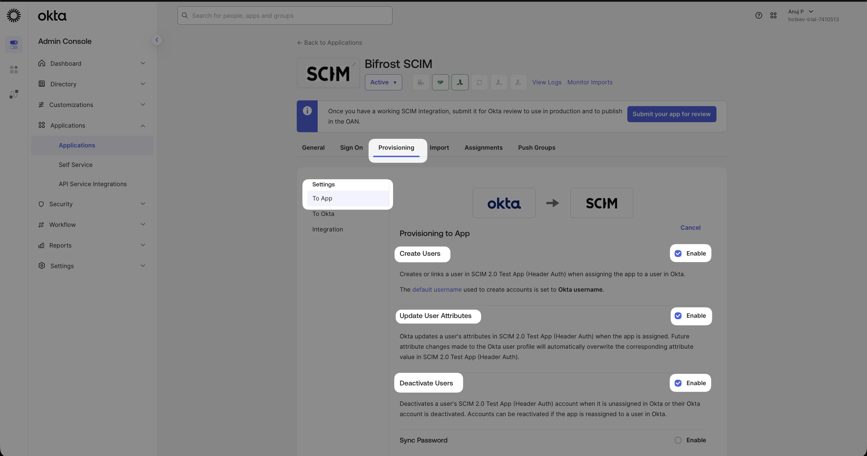 Okta Provisioning To App section with Create Users, Update User Attributes, and Deactivate Users enabled