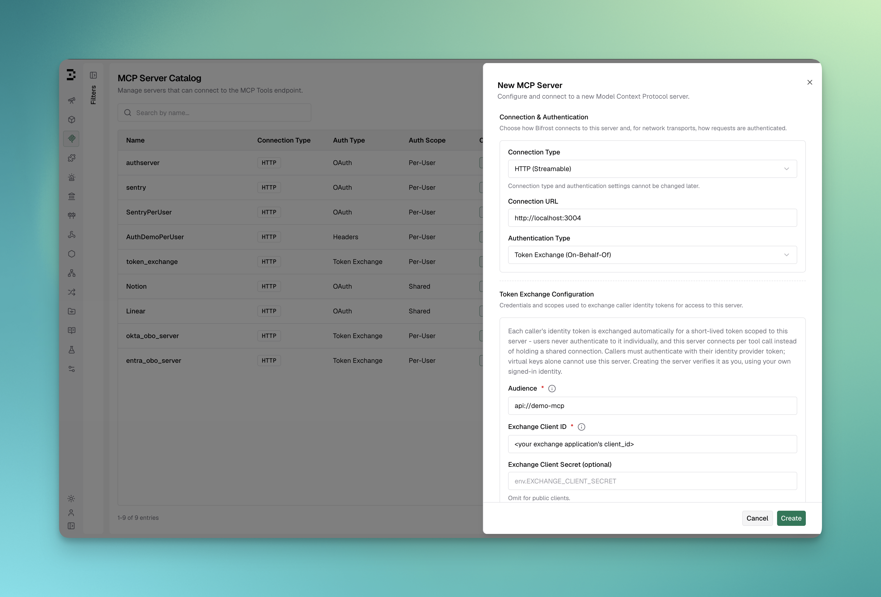 MCP client form with Auth Type set to Token Exchange, showing the audience, exchange client ID/secret, and scopes fields