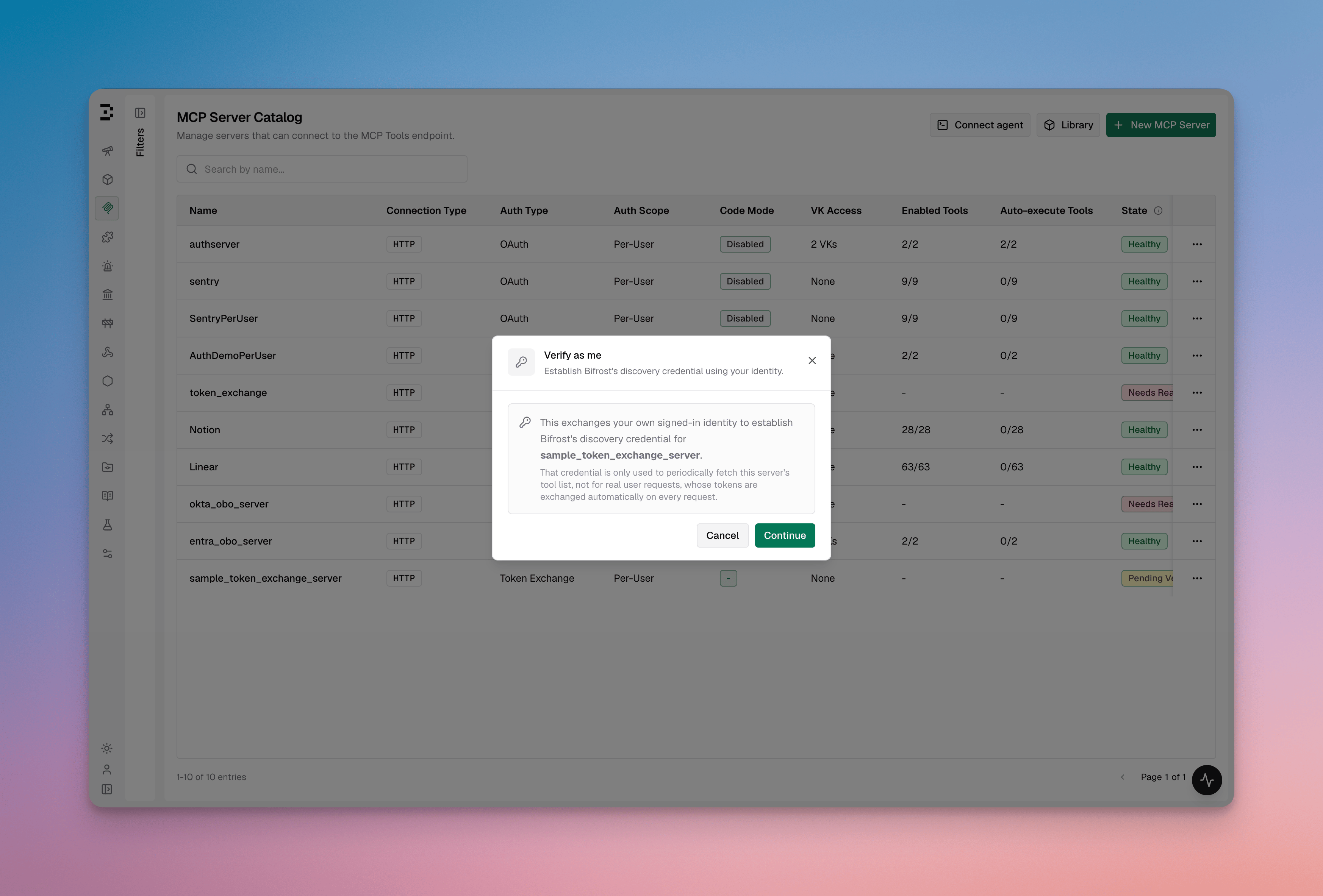 Token exchange client sheet showing the Verify as me button in pending_verification state