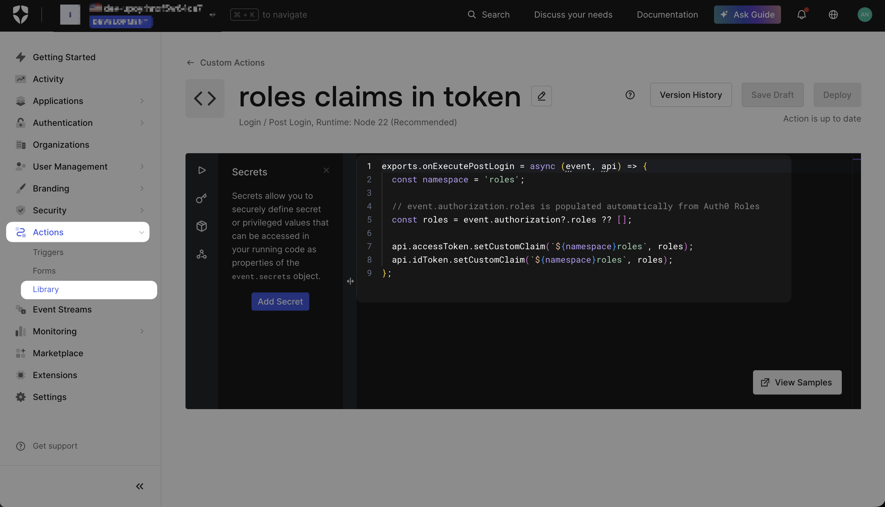 Auth0 action code editor showing the roles claims in token action