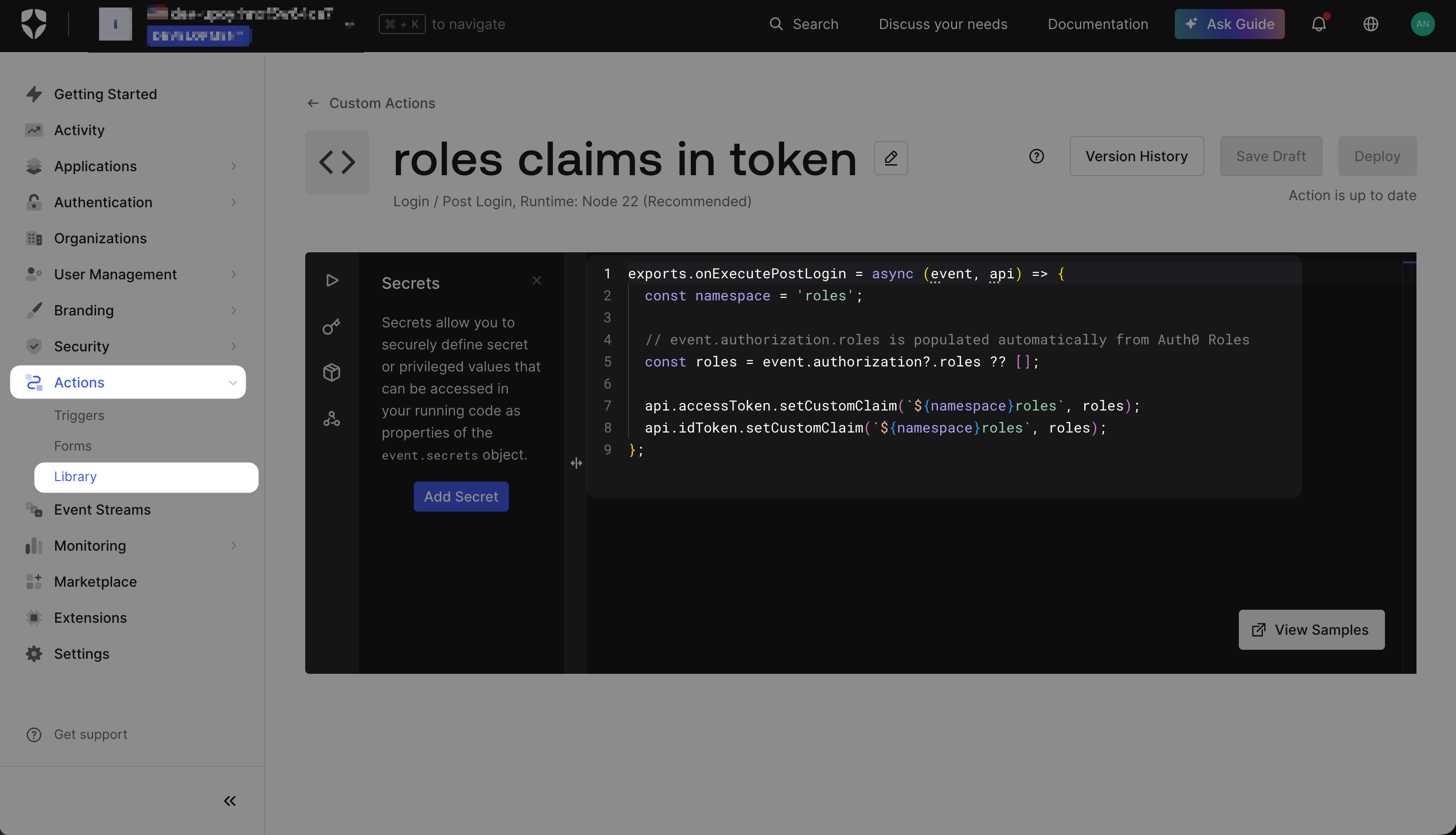 Auth0 action code editor showing the roles claims in token action