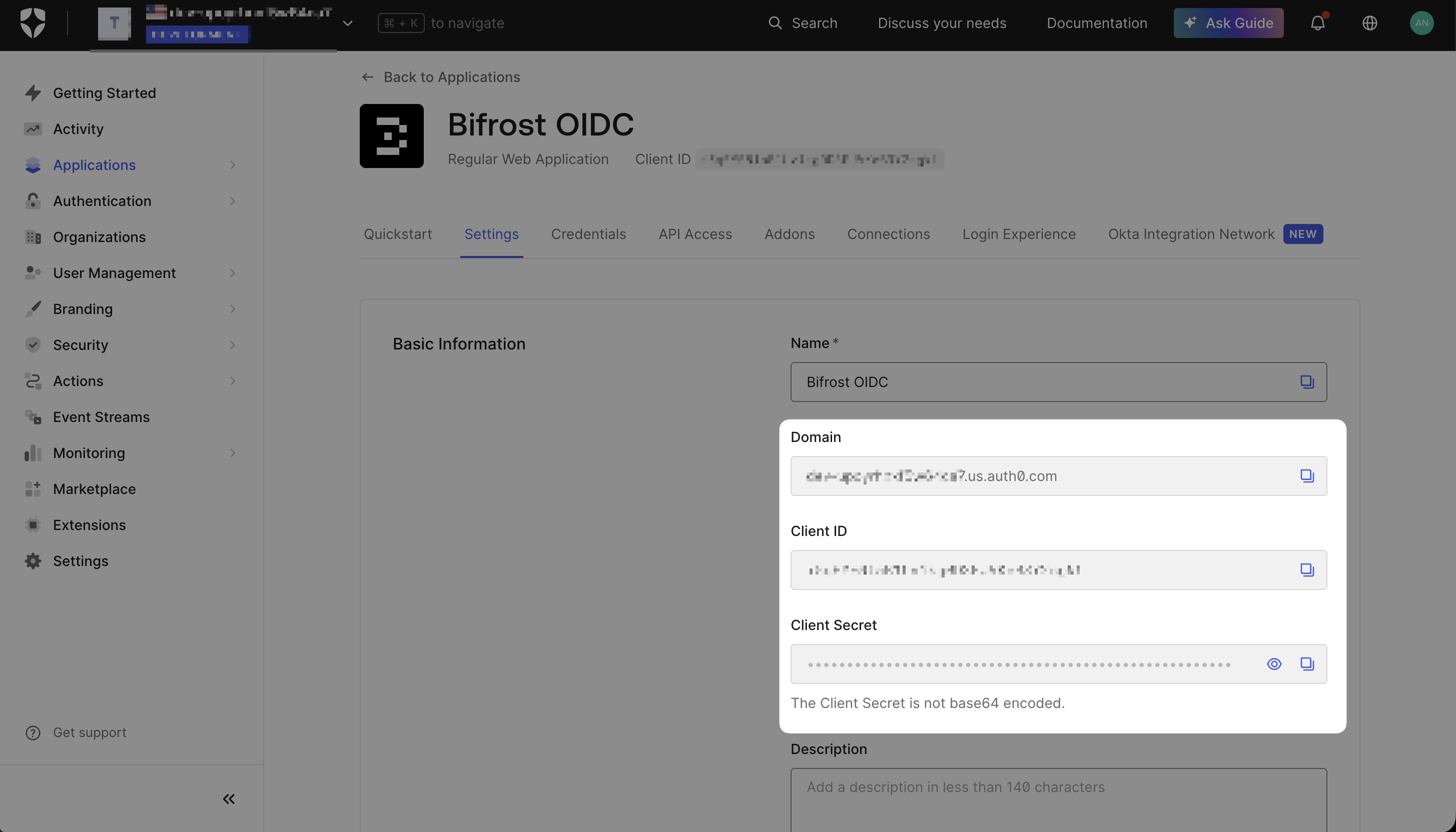 Auth0 Bifrost OIDC application Settings tab showing Domain, Client ID, and Client Secret fields