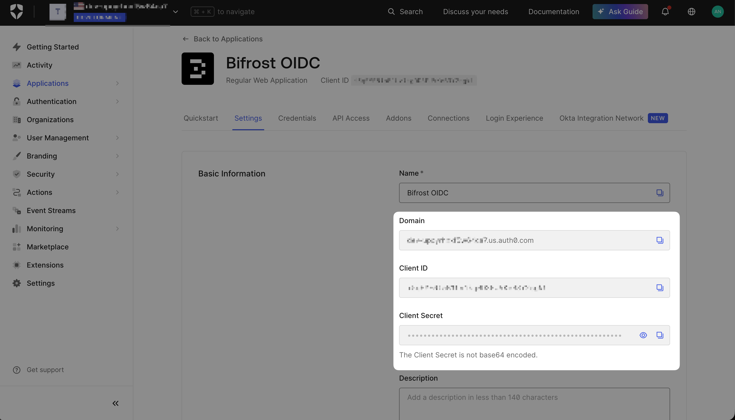 Auth0 Bifrost OIDC application Settings tab showing Domain, Client ID, and Client Secret fields