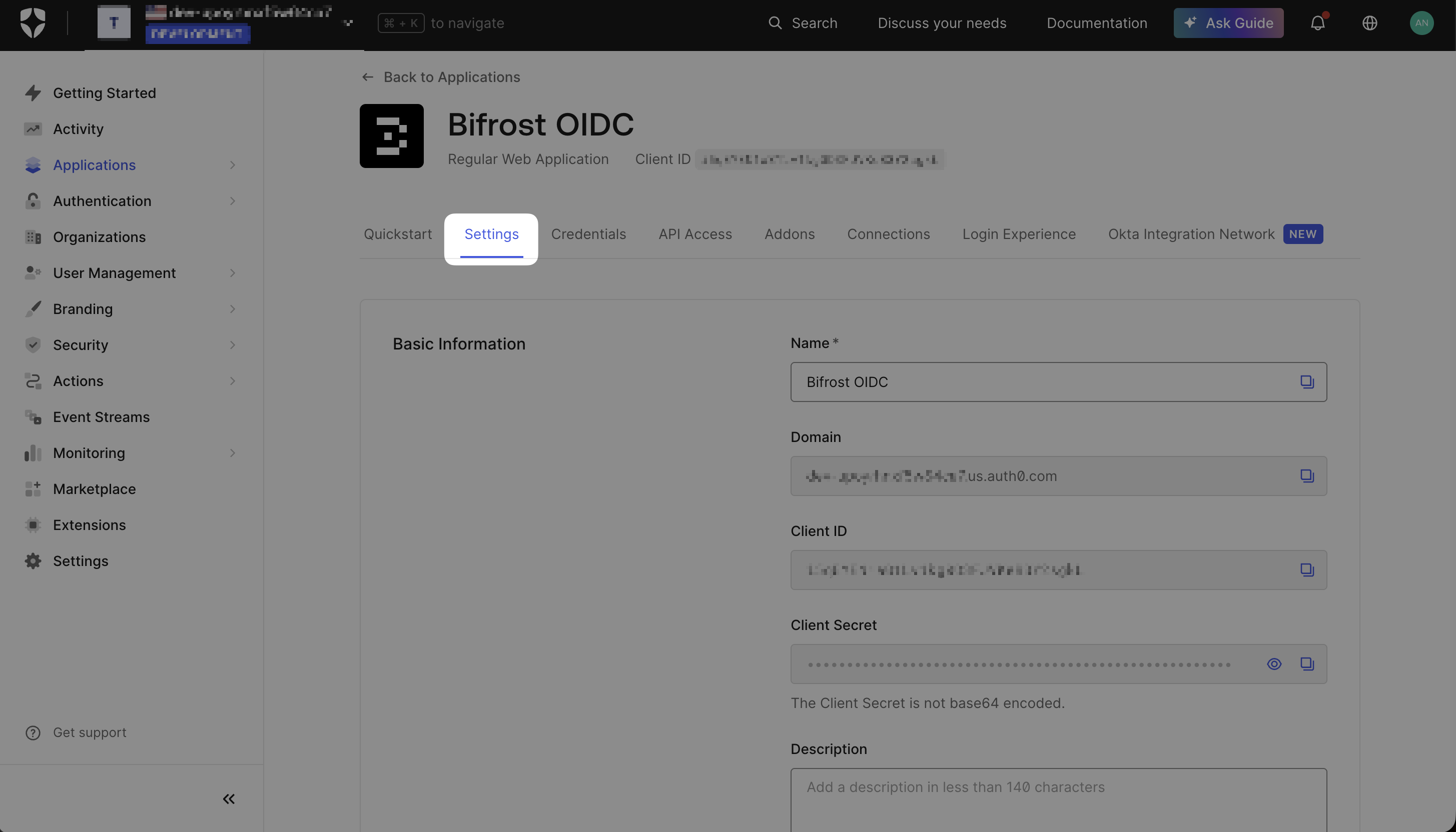 Auth0 Bifrost OIDC application Settings tab showing the Basic Information section with Domain, Client ID, and Client Secret