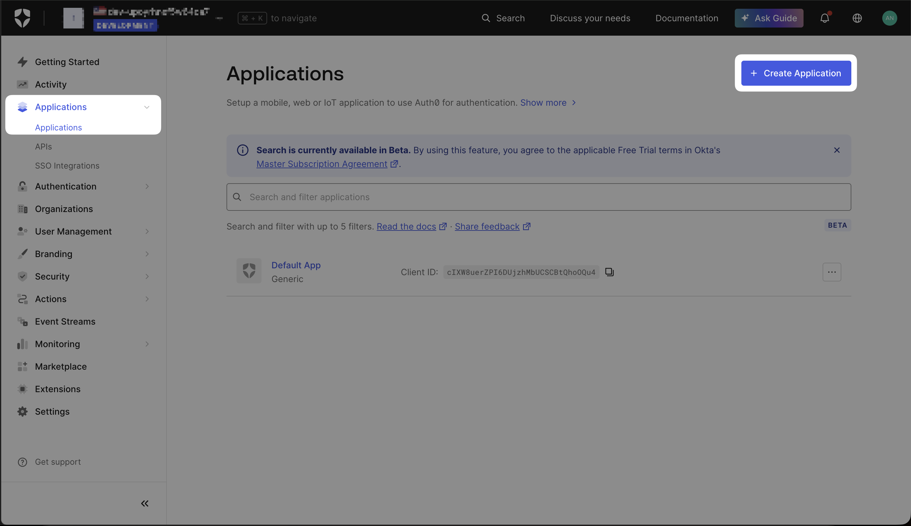 Auth0 Applications page with Create Application button highlighted