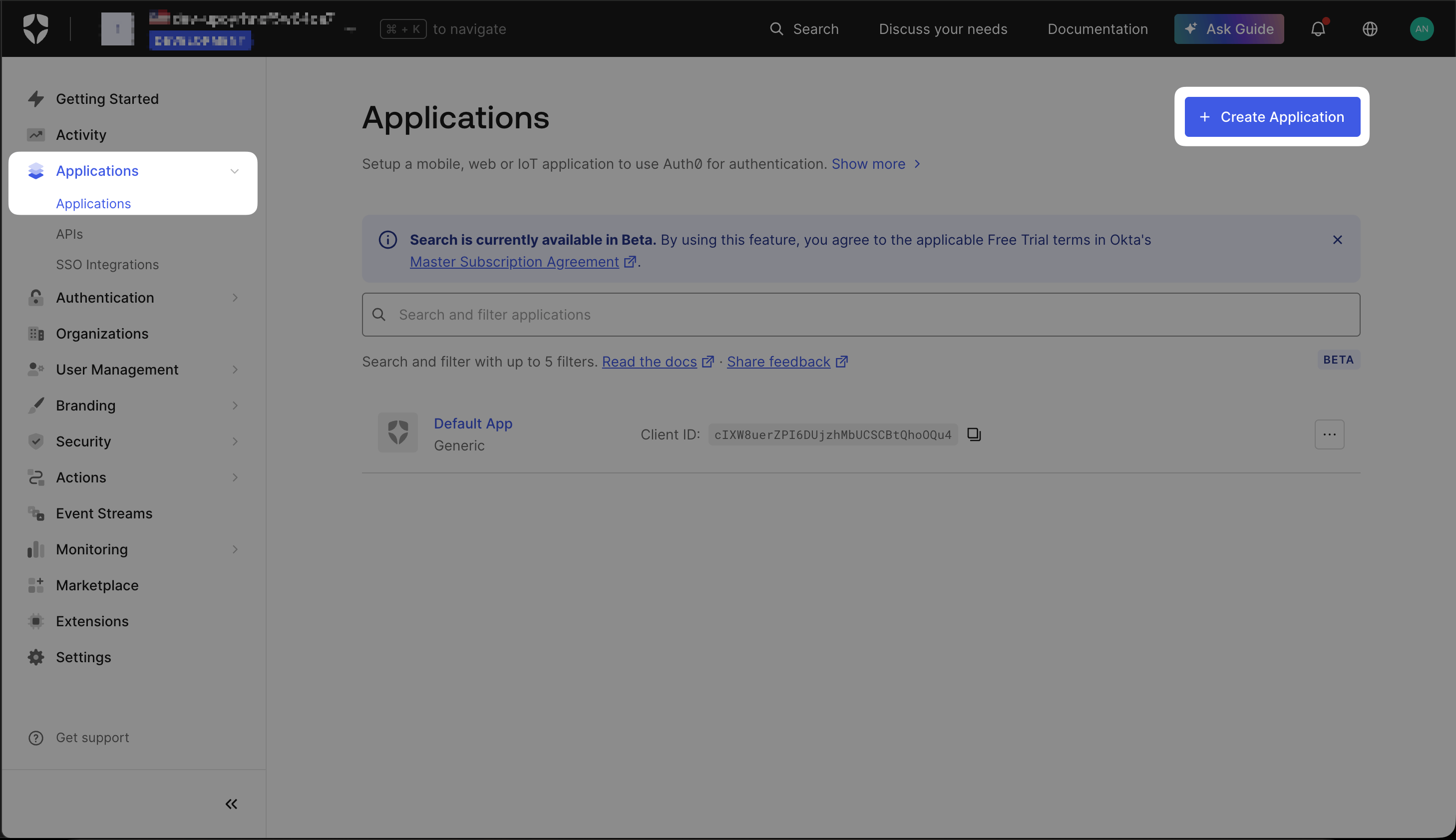 Auth0 Applications page with Create Application button highlighted