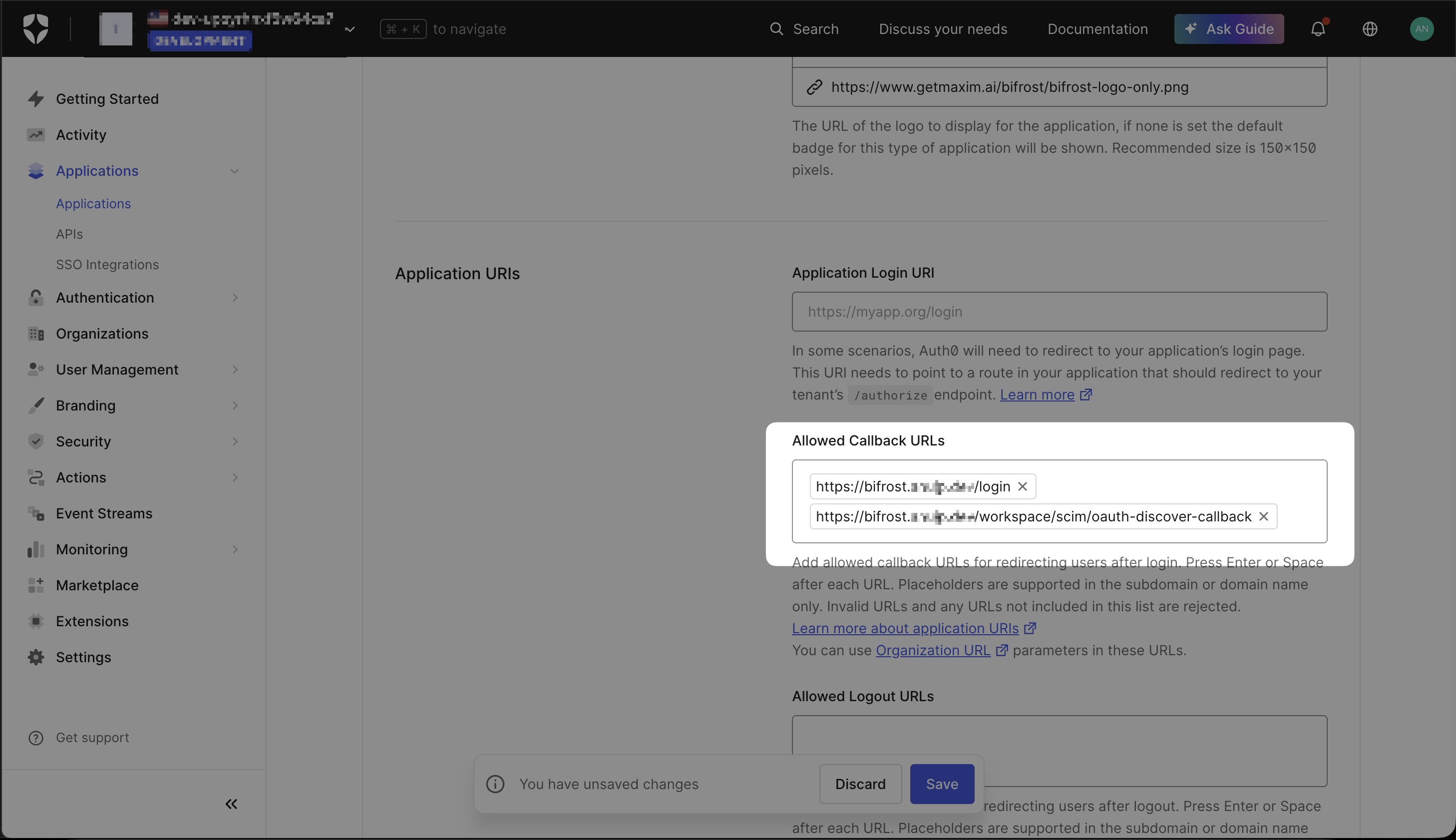 Auth0 application Settings showing Allowed Callback URLs with the Bifrost login and SCIM discovery endpoints