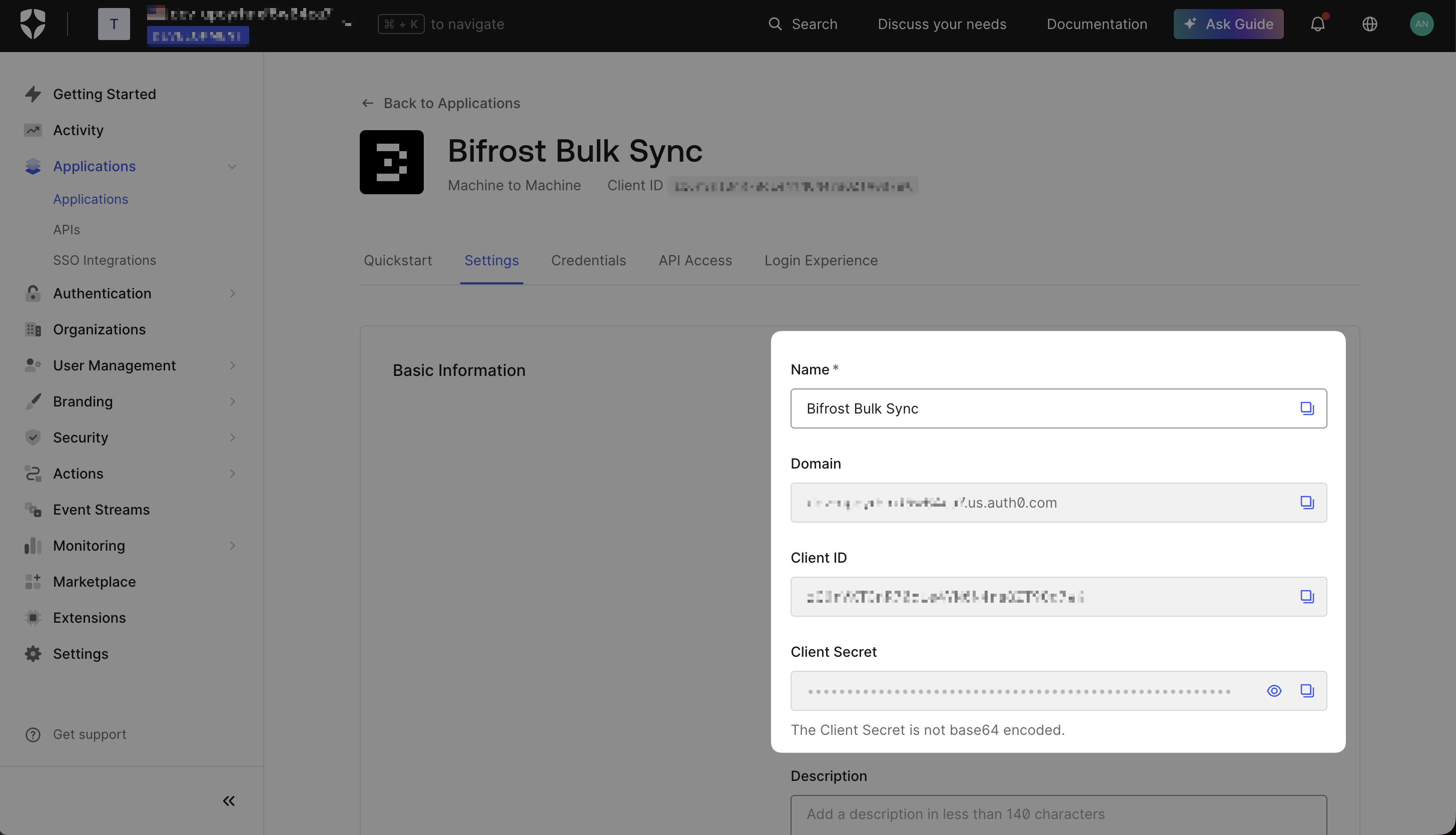 Auth0 Bifrost Bulk Sync Machine to Machine application Settings tab showing Client ID and Client Secret