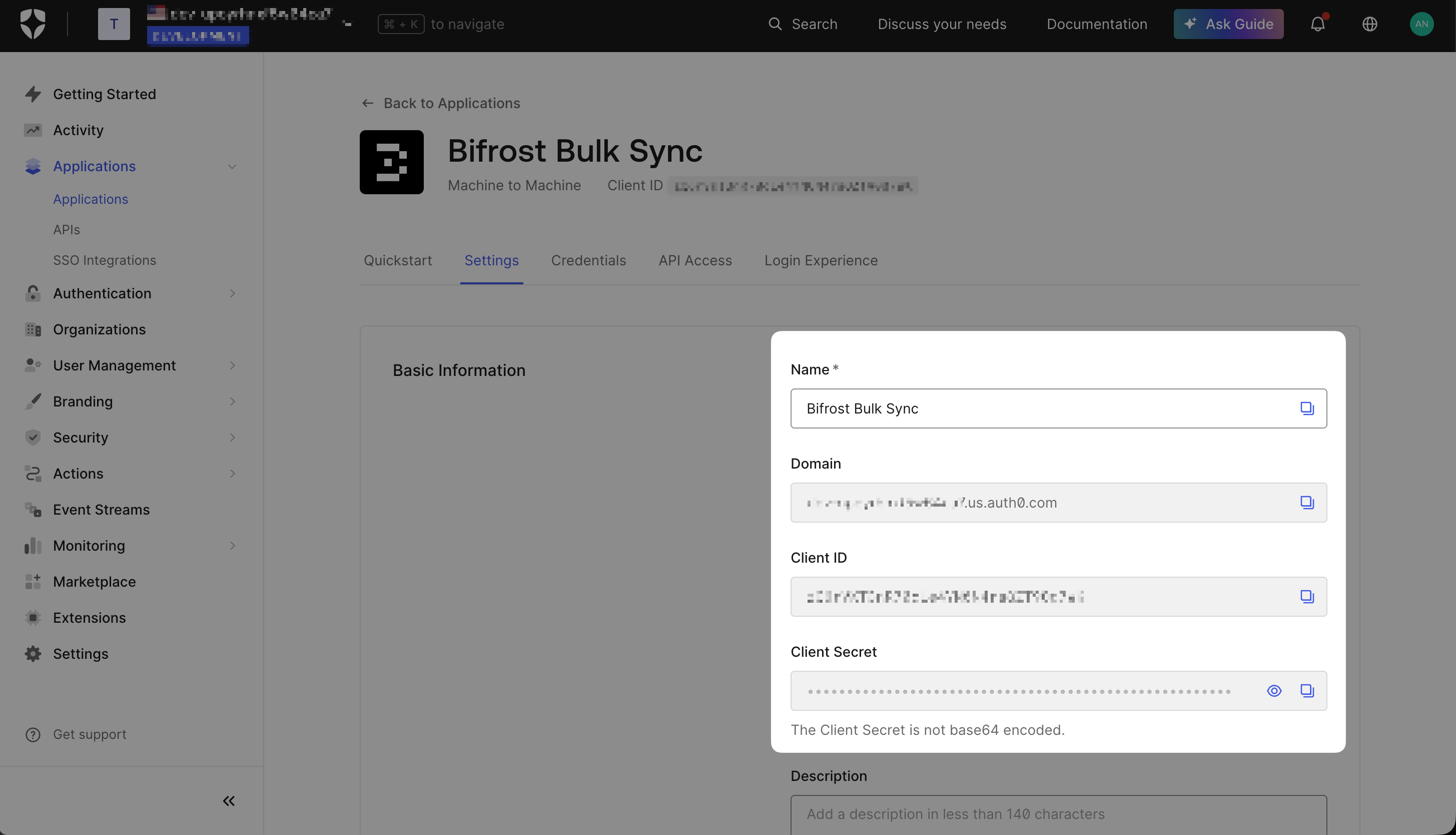 Auth0 Bifrost Bulk Sync Machine to Machine application Settings tab showing Client ID and Client Secret