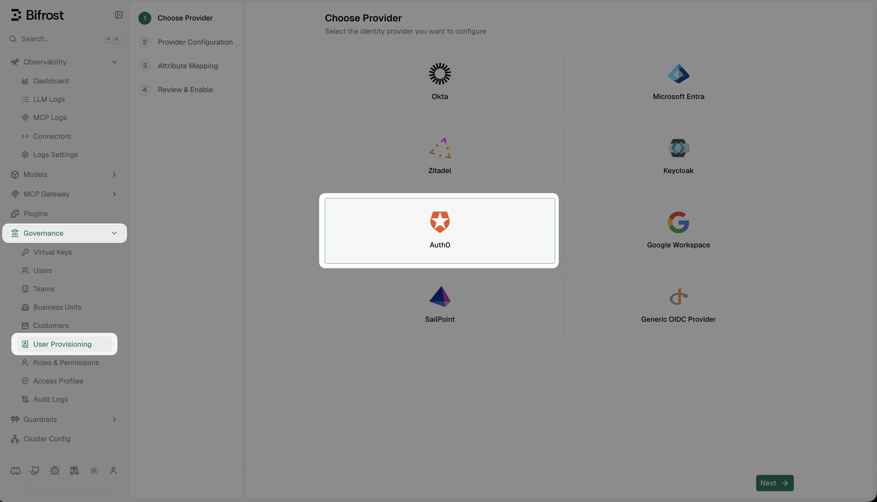 Bifrost Choose Provider screen with Auth0 highlighted