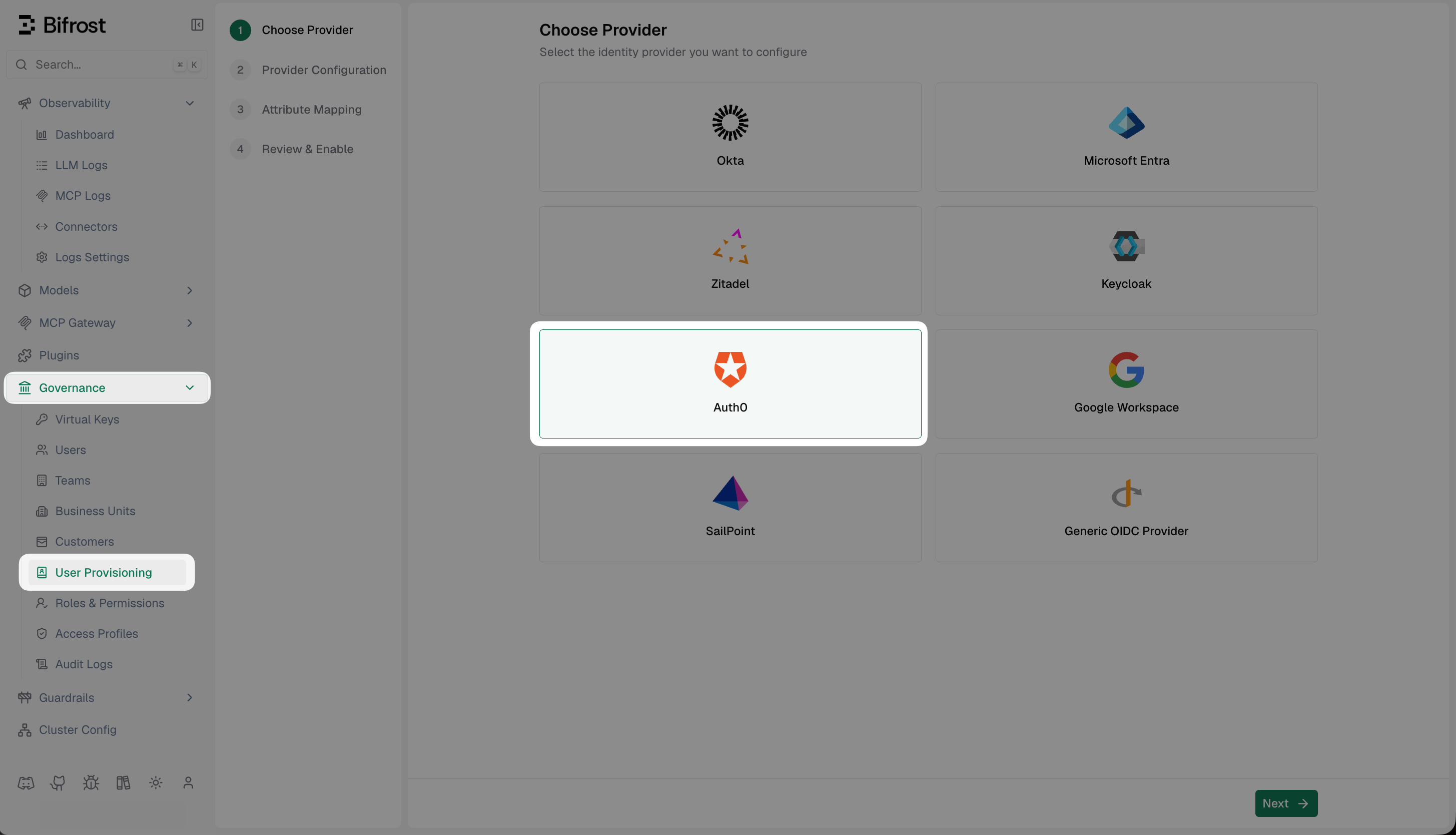Bifrost Choose Provider screen with Auth0 highlighted