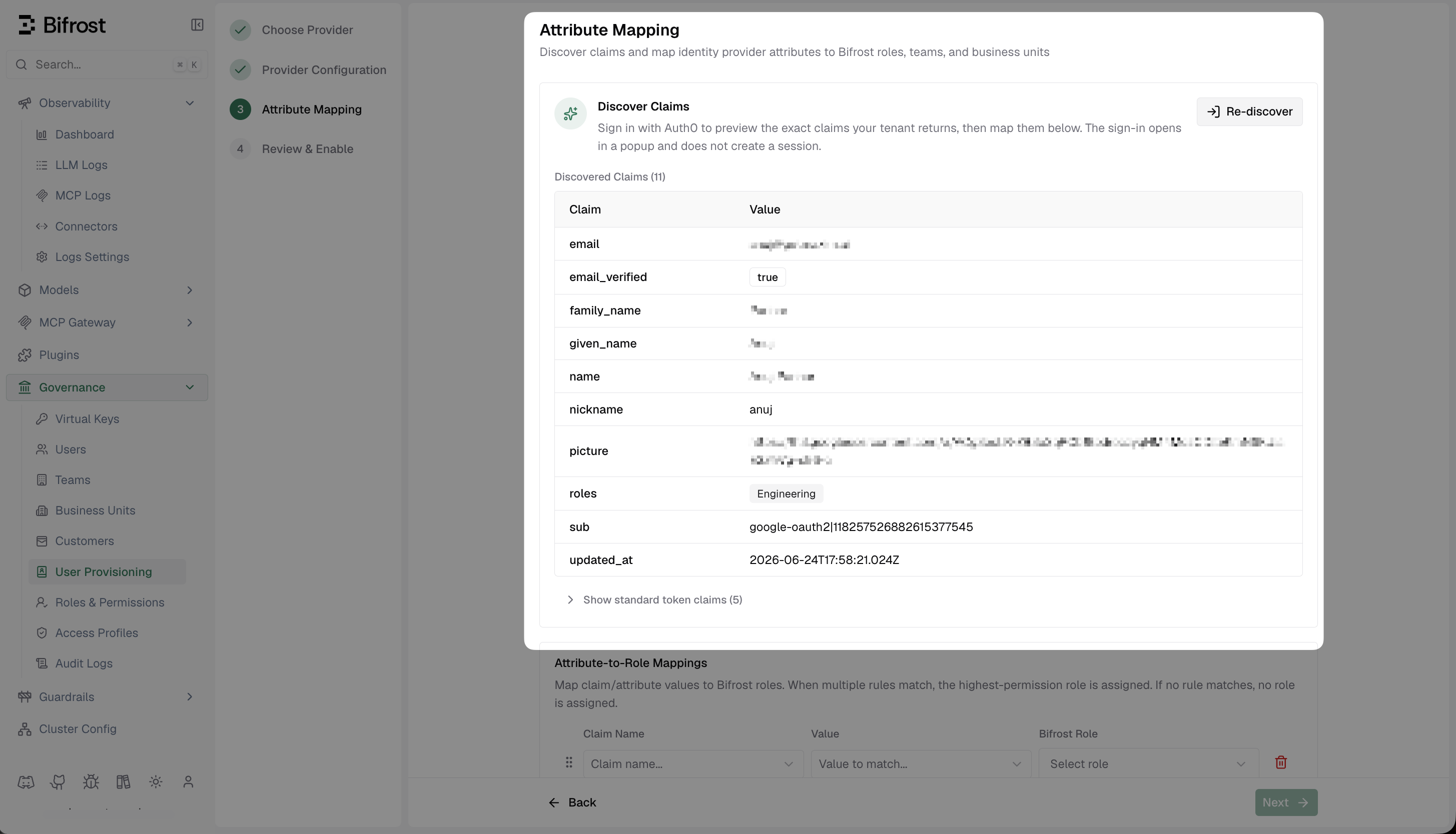 Bifrost Discover Claims screen showing all claims returned by Auth0 including email, roles, and standard OIDC fields