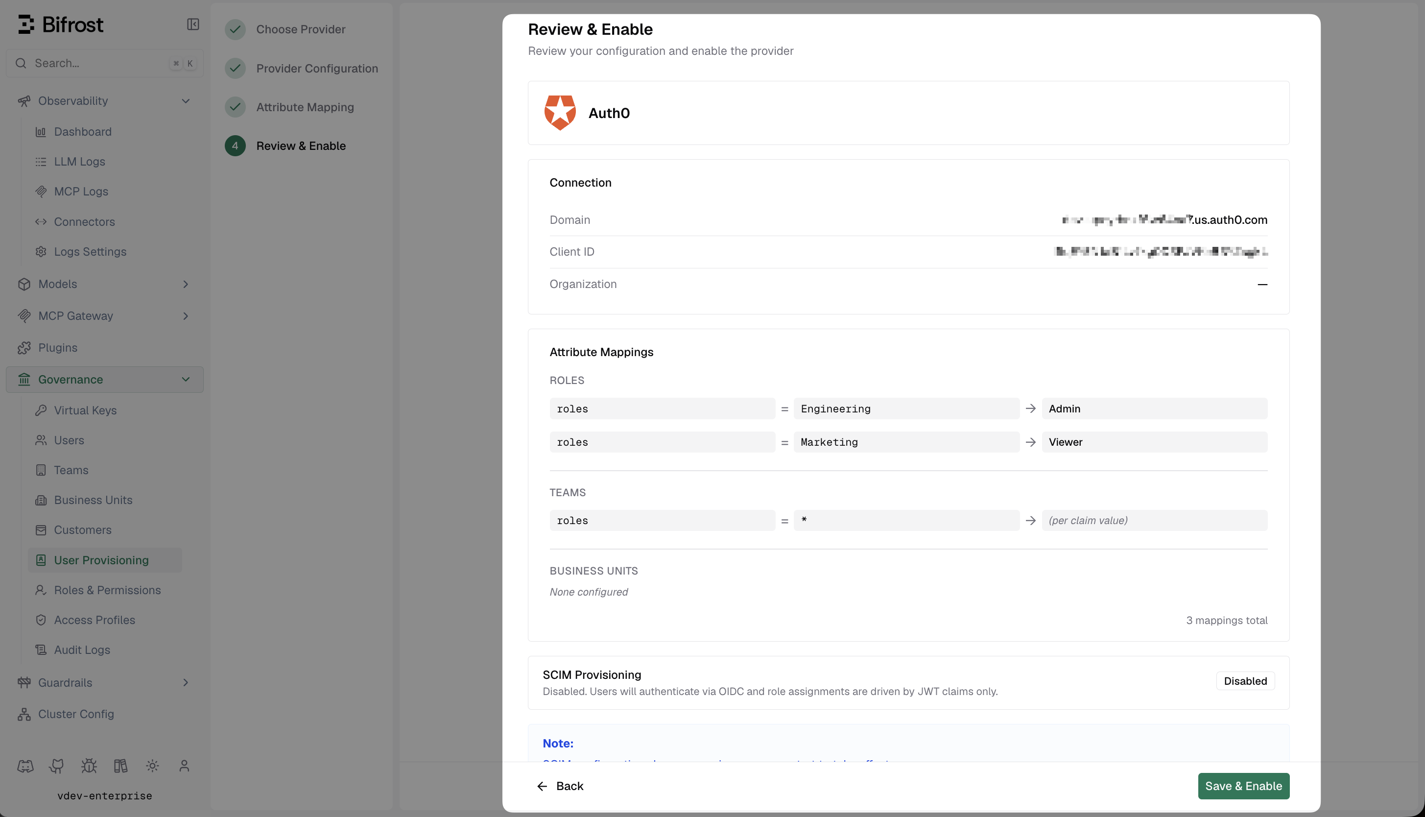 Bifrost Review and Enable screen showing Auth0 domain, Client ID, and attribute mappings summary