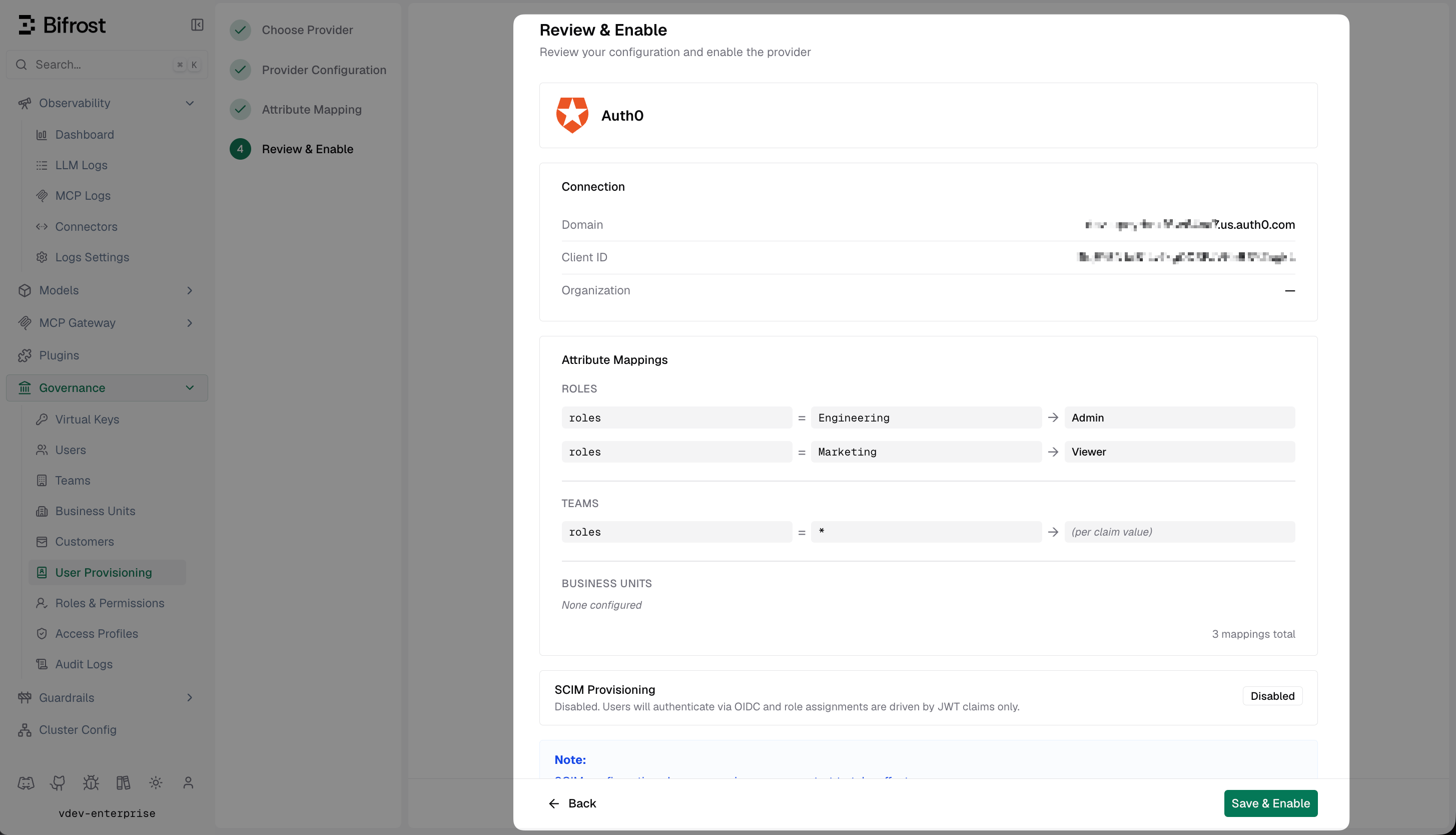 Bifrost Review and Enable screen showing Auth0 domain, Client ID, and attribute mappings summary