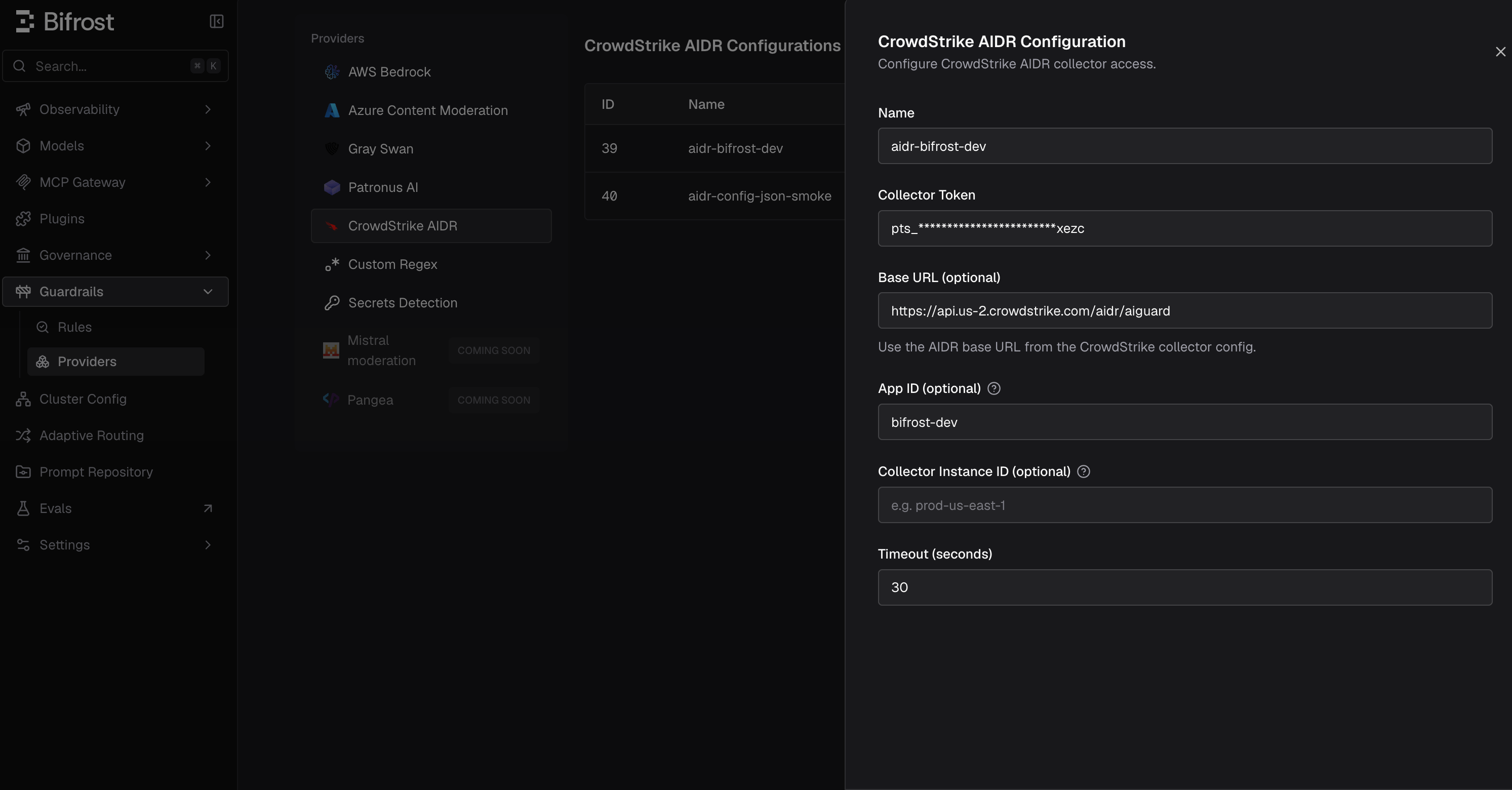 CrowdStrike AIDR configuration in Bifrost dashboard