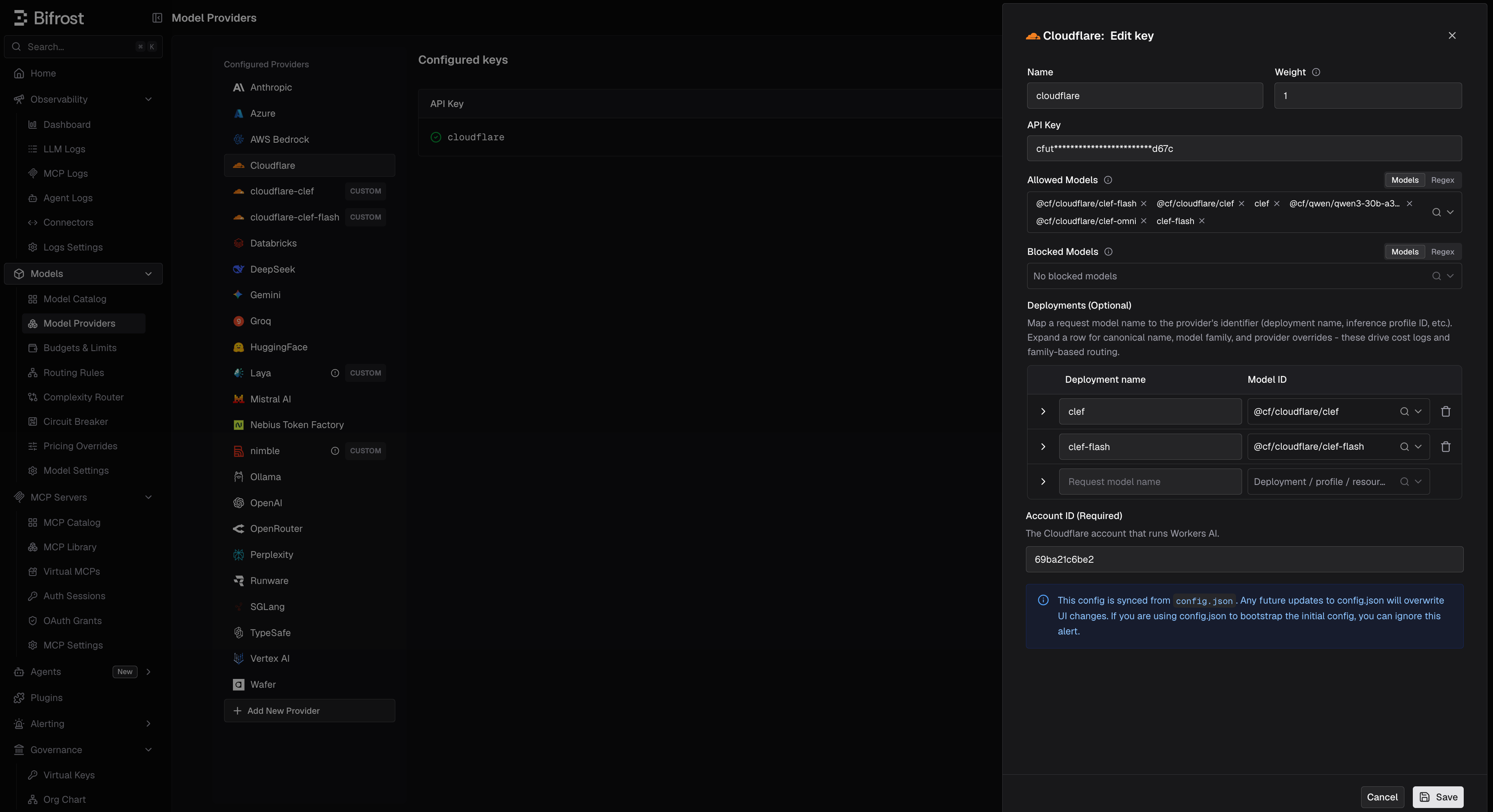 Cloudflare key with an API token, allowed models, and the Account ID field