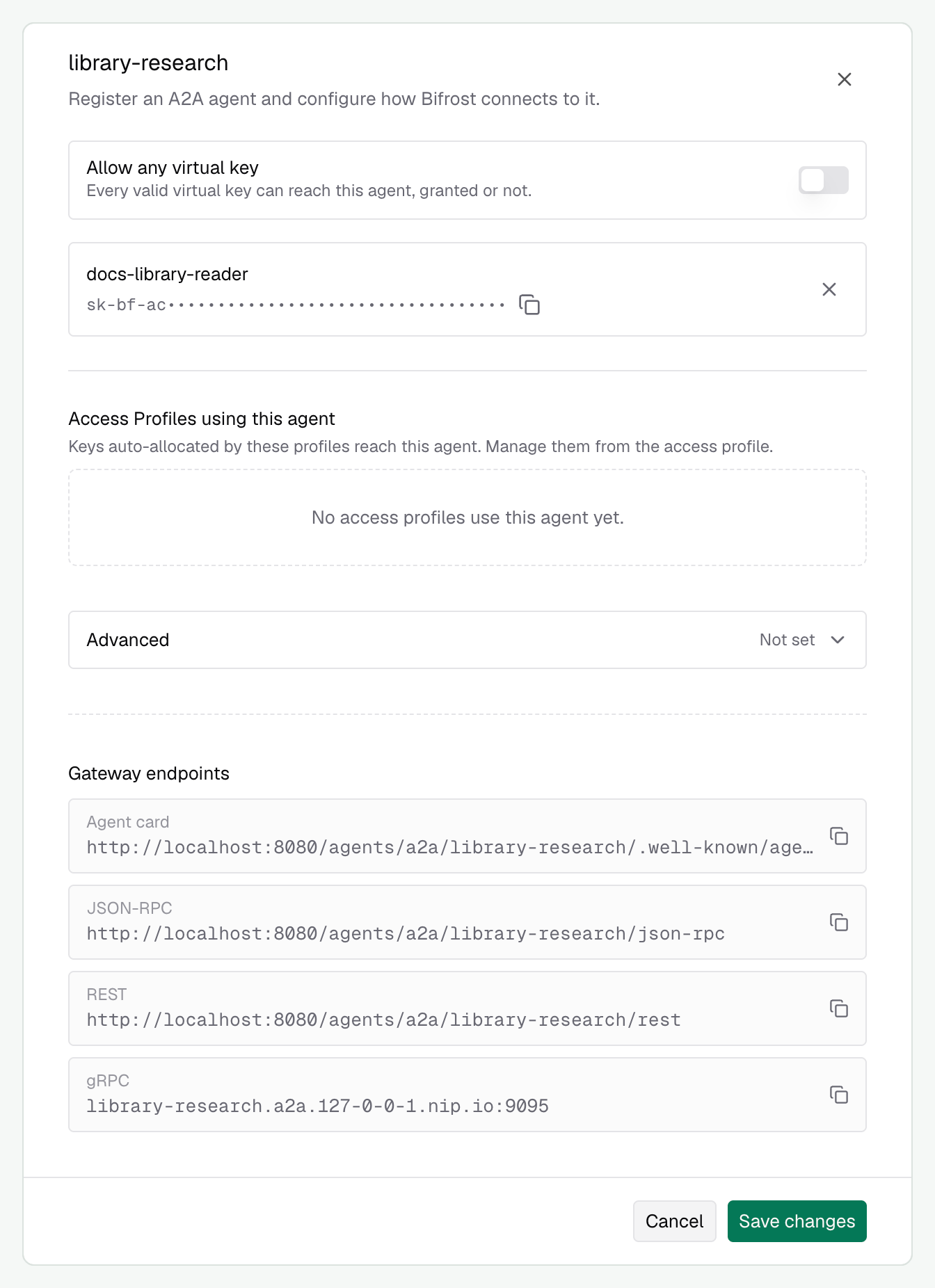 An agent's explicit virtual-key grant and Allow any virtual key toggle