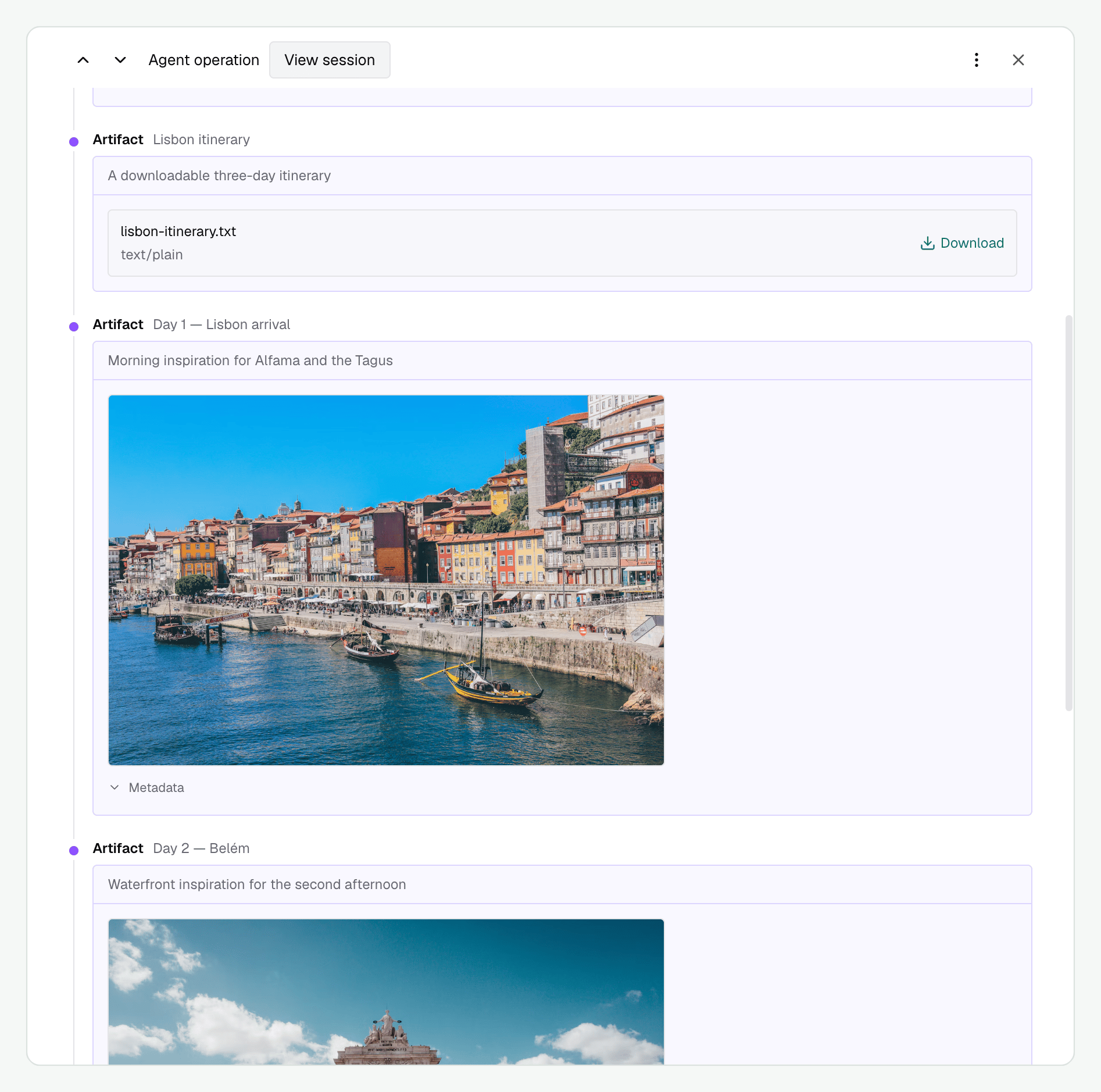 A completed travel task with an itinerary download and visual artifacts