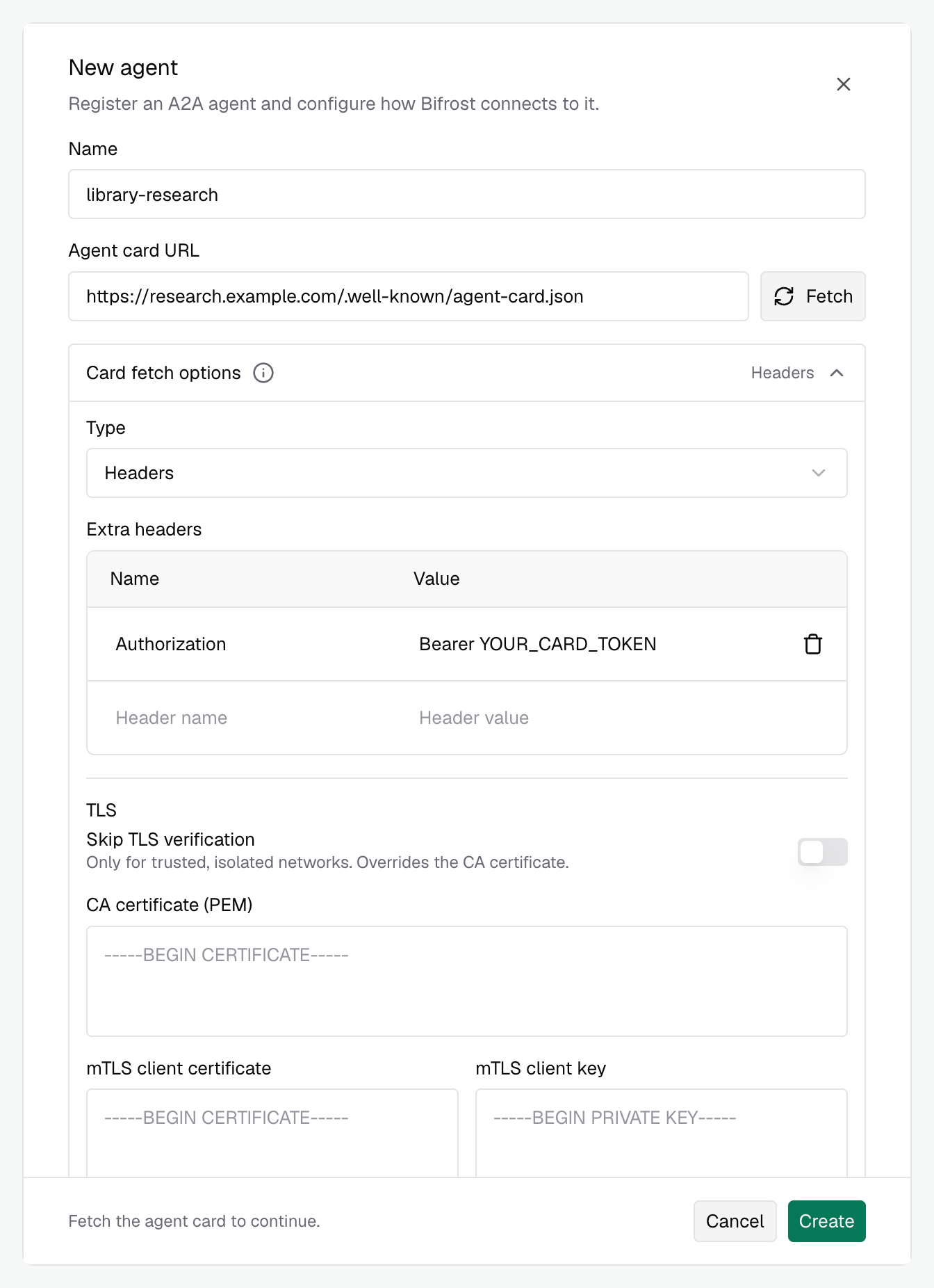 Expanded Card fetch options with an example Authorization header for a protected agent card