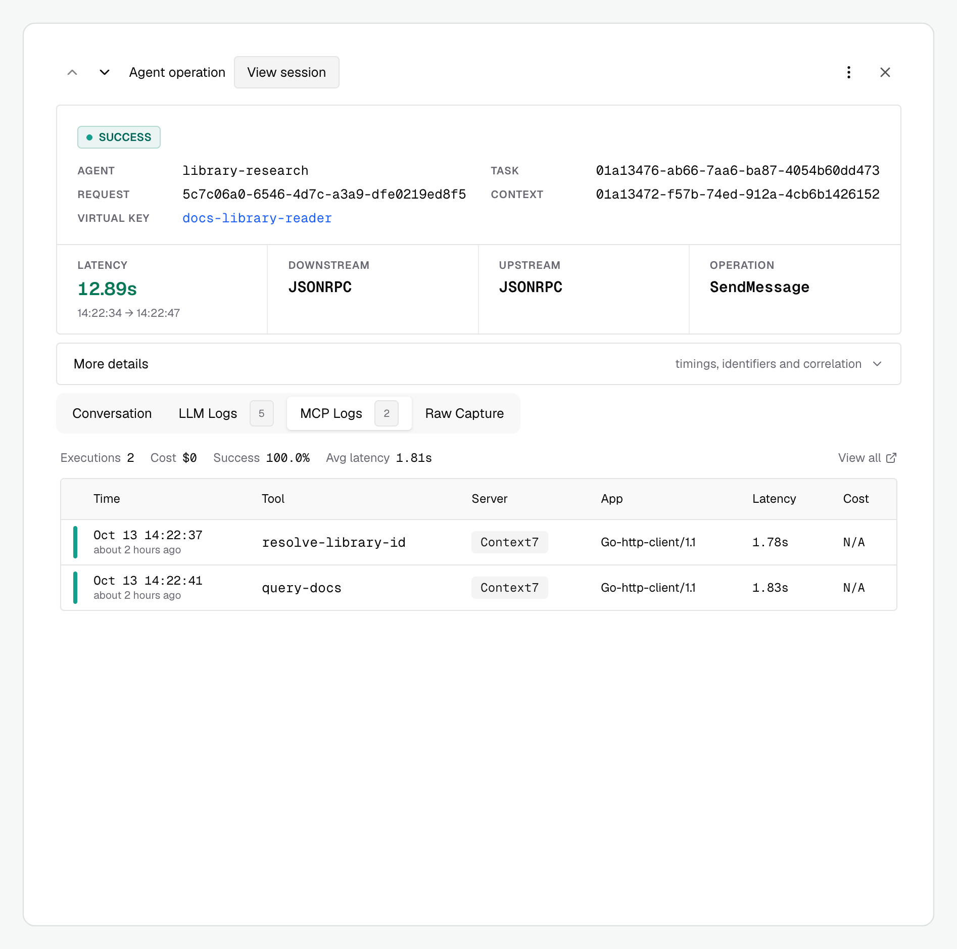 Two Context7 tool calls correlated to the same research task