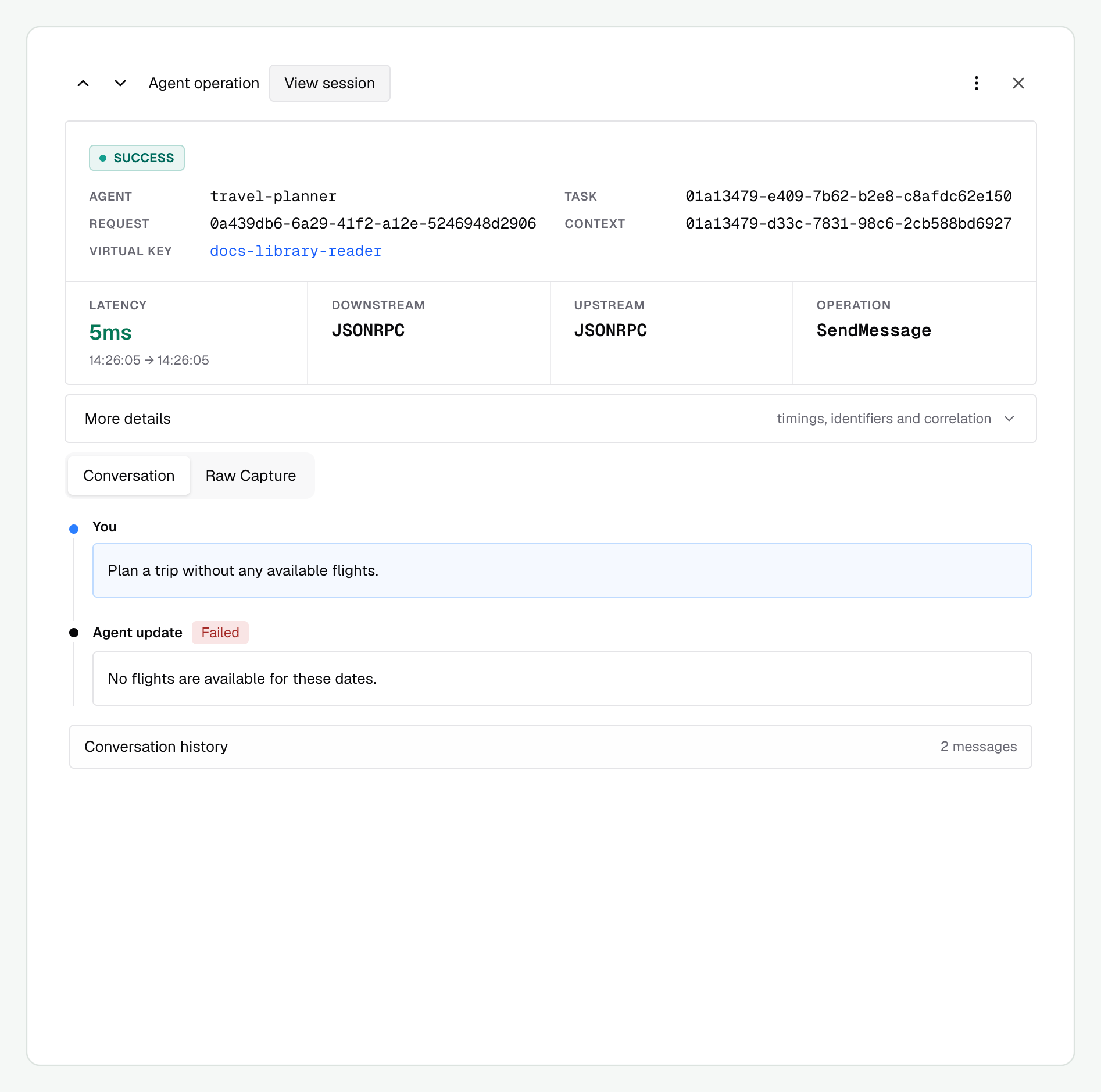A successful SendMessage operation returning a failed travel task with a reason