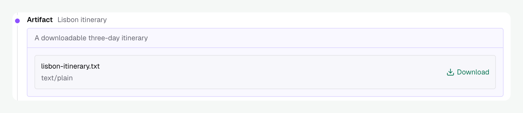 A Lisbon itinerary file artifact showing its name, description, filename, MIME type, and Download action