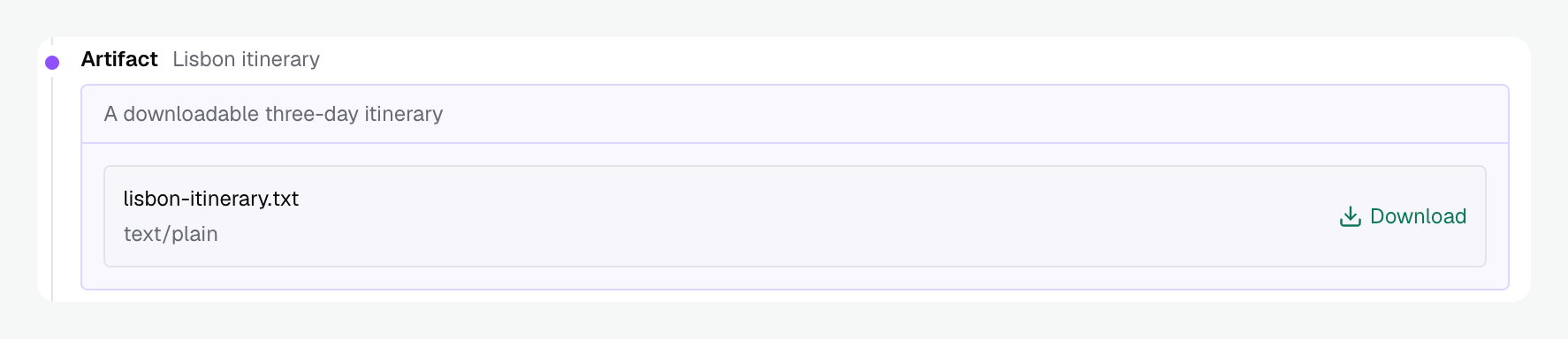 A Lisbon itinerary file artifact showing its name, description, filename, MIME type, and Download action