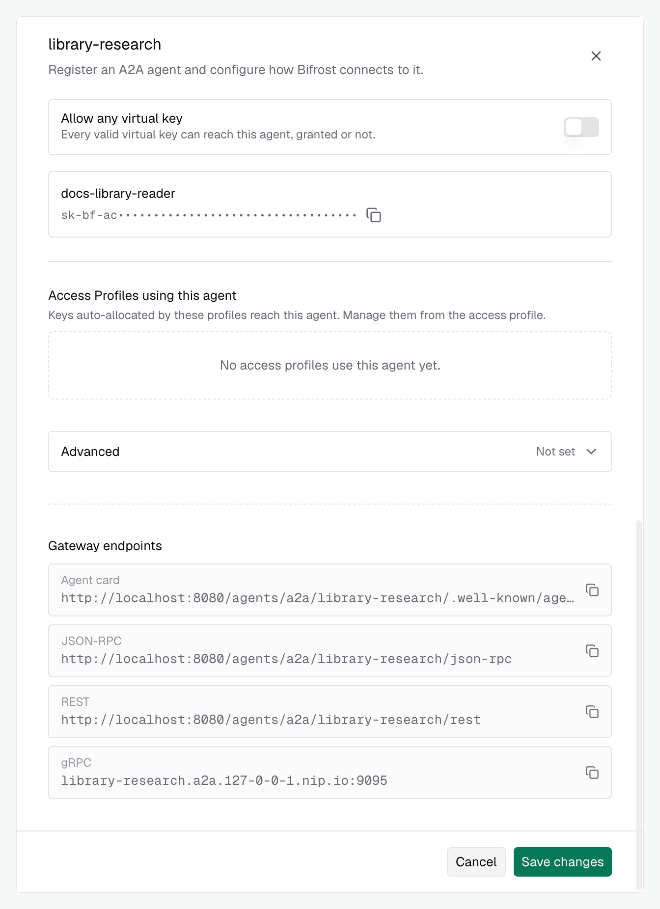 The edit form's Gateway endpoints section with copy buttons for the agent card and each transport