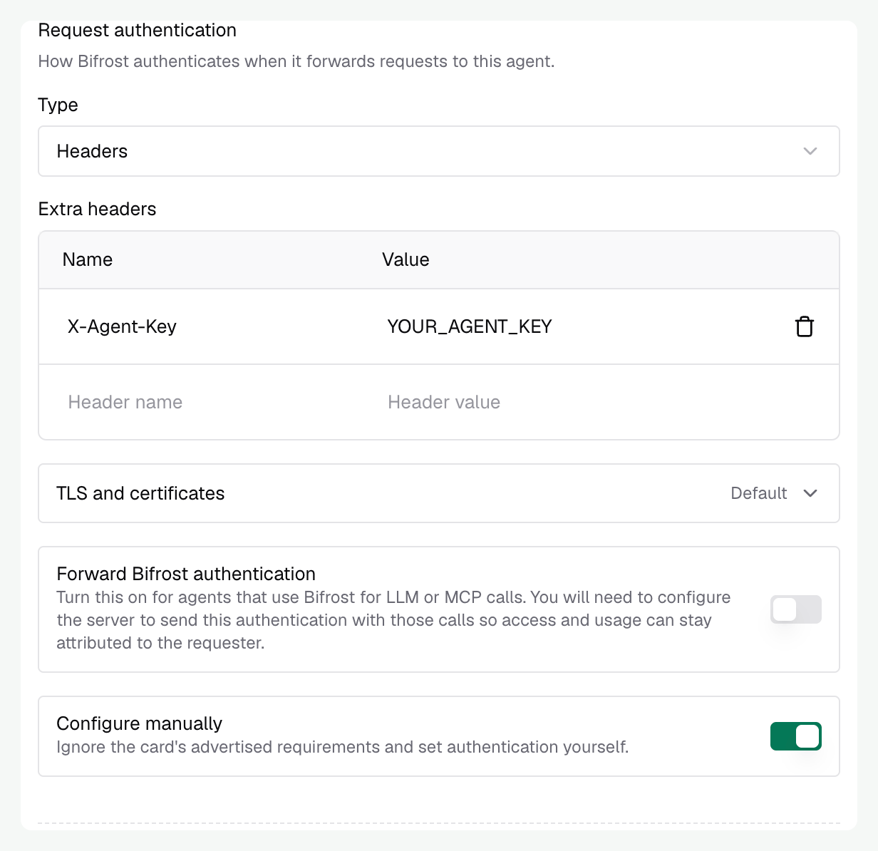 Manual authentication enabled with a custom X-Agent-Key header