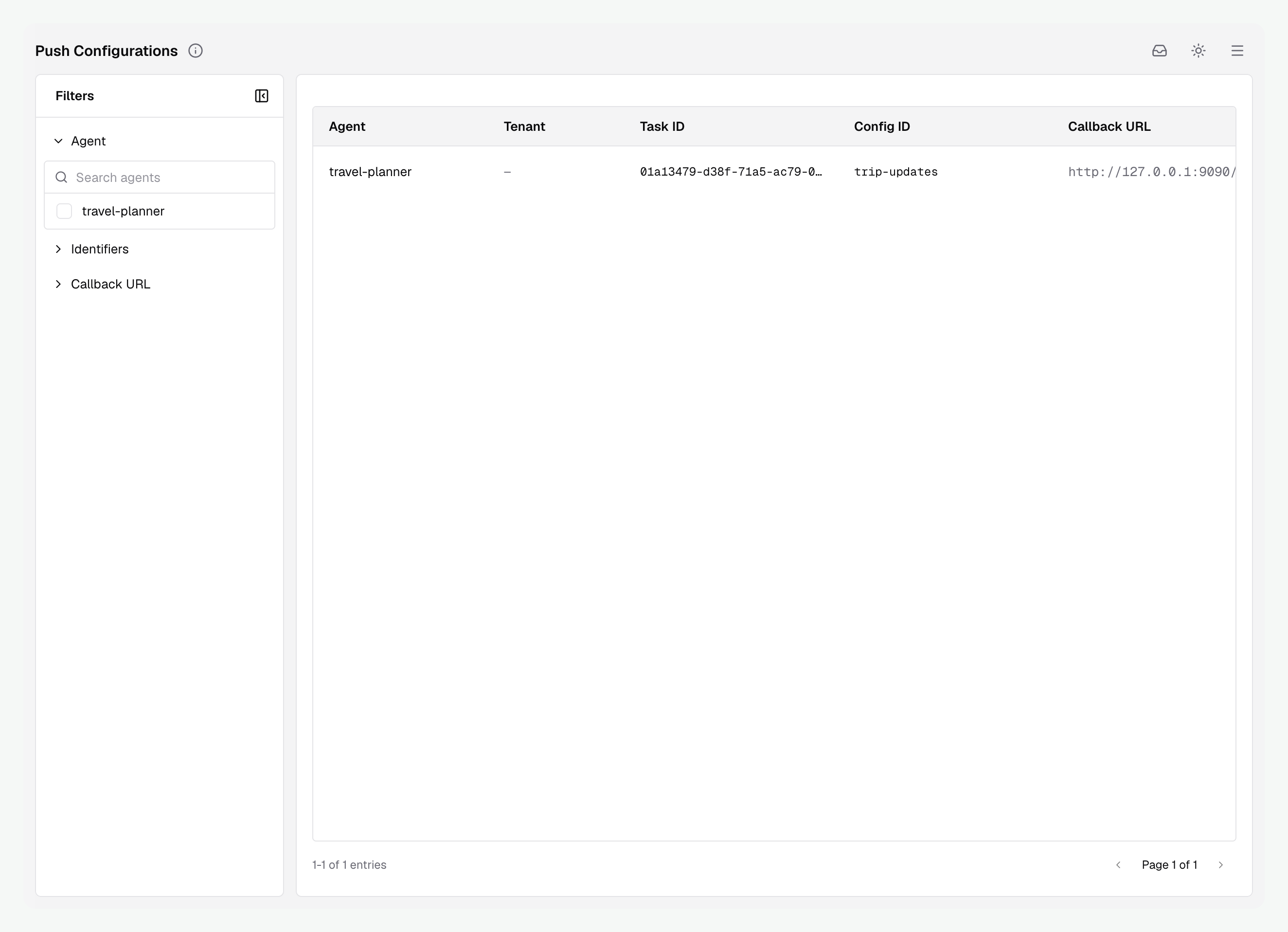 A saved trip-updates callback in Push Configurations, with agent and identifier filters