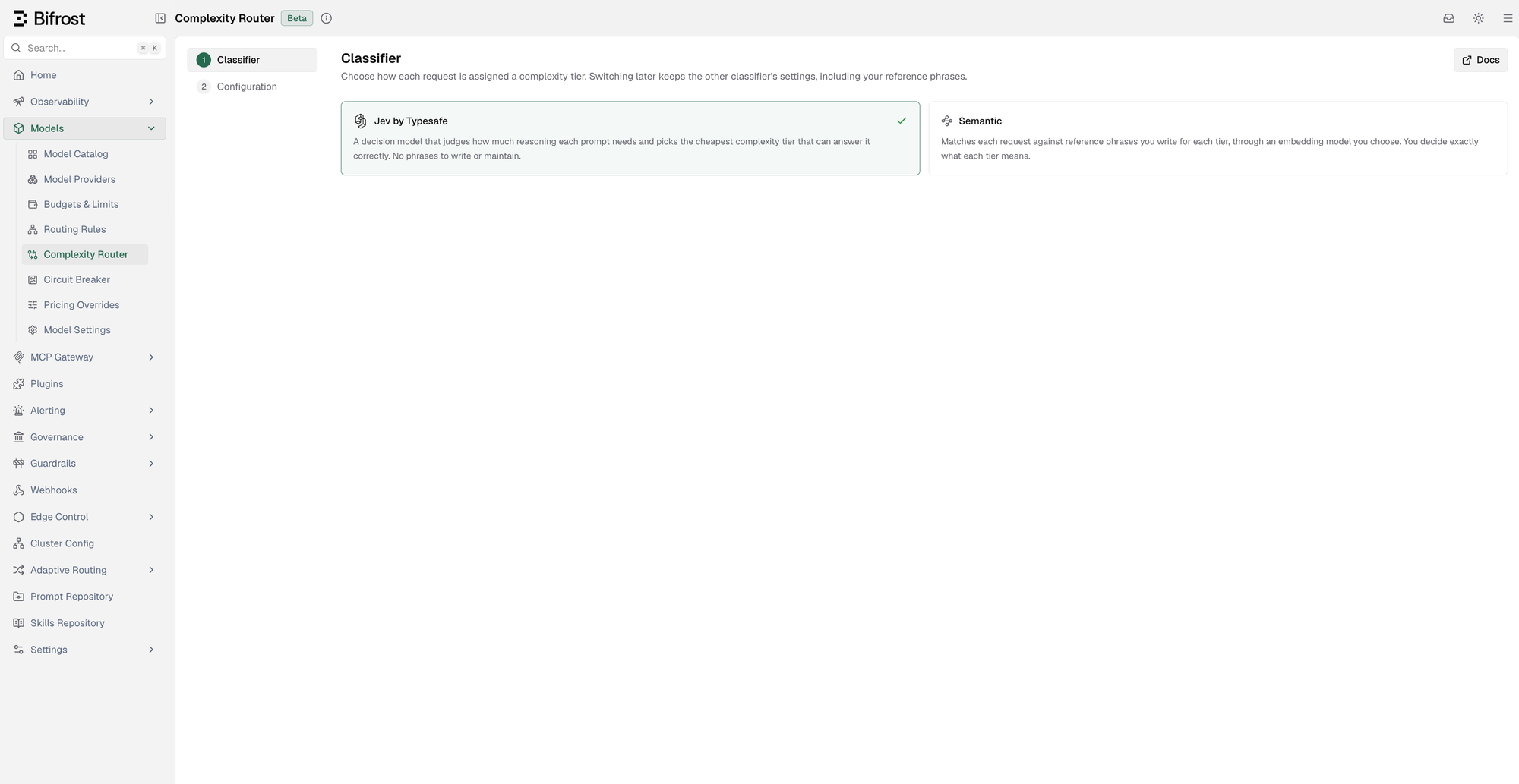 Complexity Router classifier step with Decision model selected and Semantic as the alternative