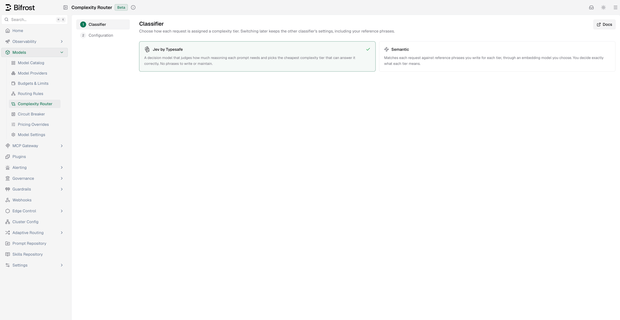Complexity Router classifier step with Decision model selected and Semantic as the alternative