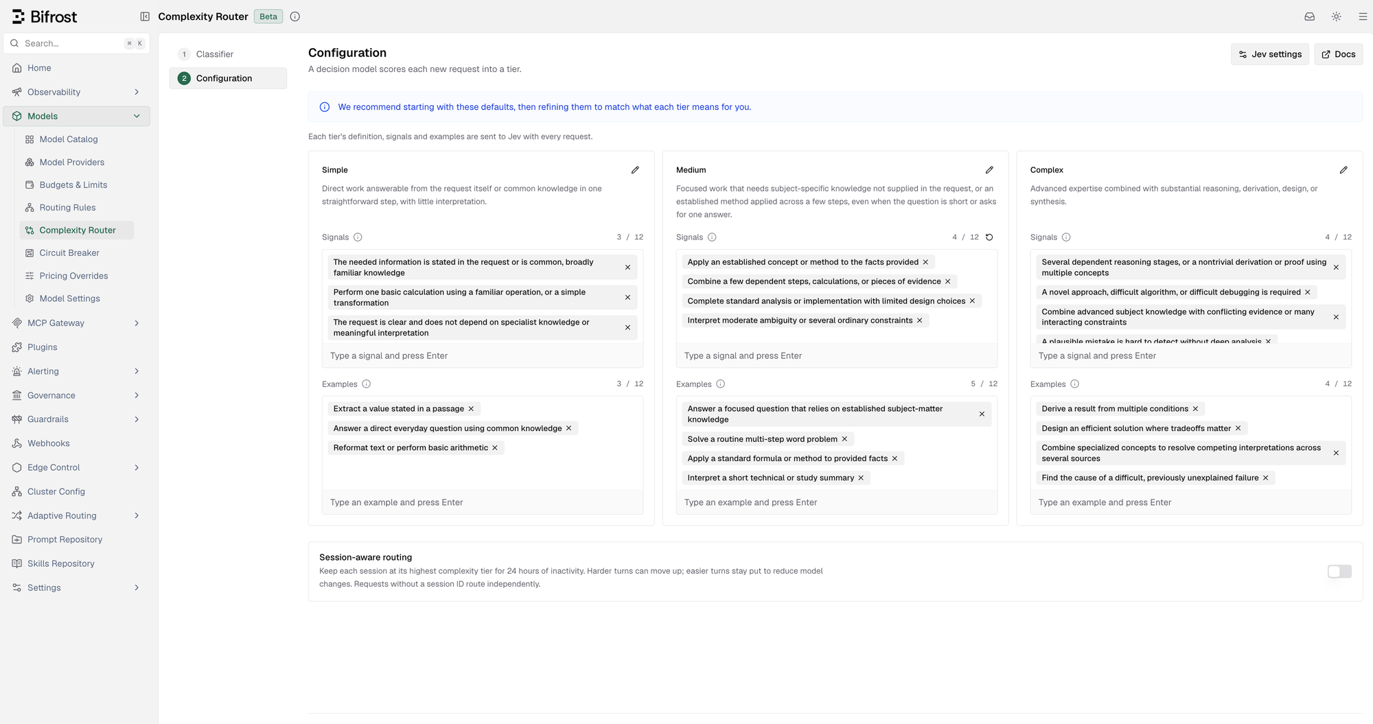 Decision model configuration step showing the definition, signals, and examples editors for the Simple, Medium, and Complex tiers