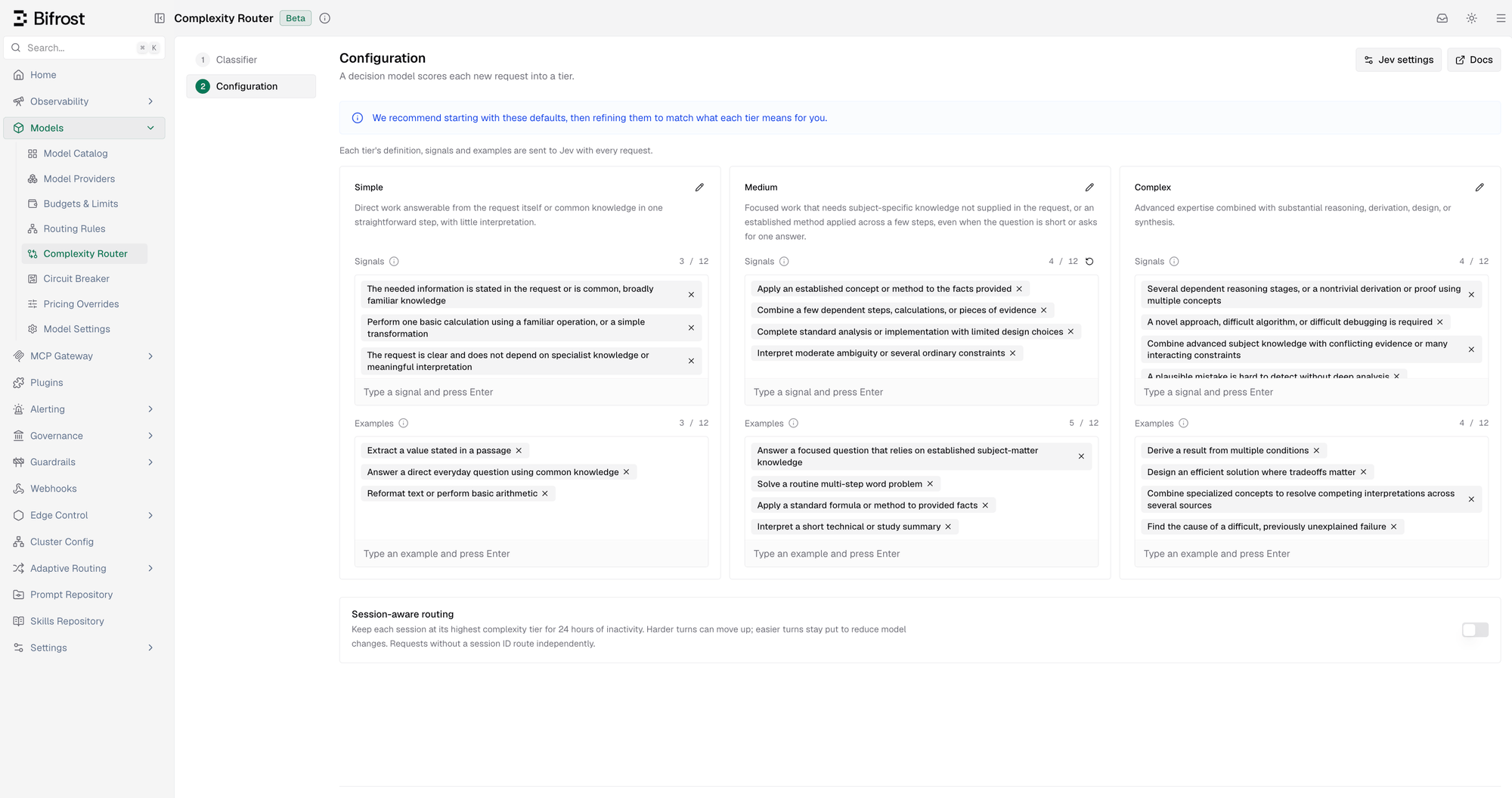 Decision model configuration step showing the definition, signals, and examples editors for the Simple, Medium, and Complex tiers