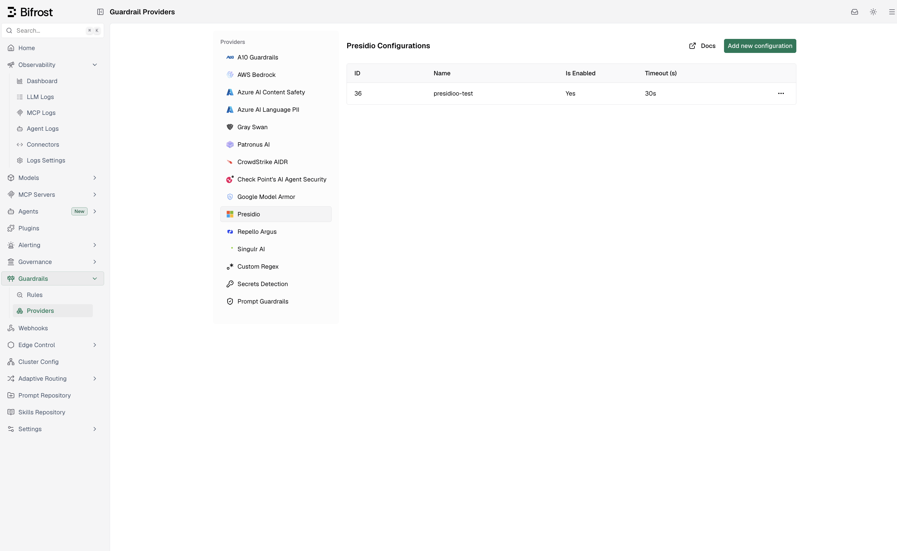 Guardrail Providers page listing every supported provider with the Presidio configurations table