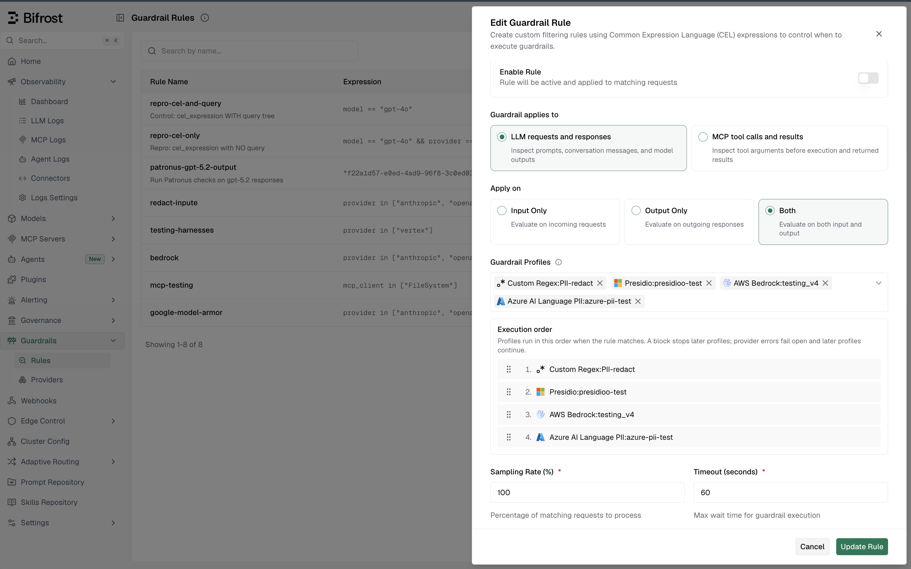 Guardrail rule editor with four linked profiles and an Execution order list that can be reordered by dragging