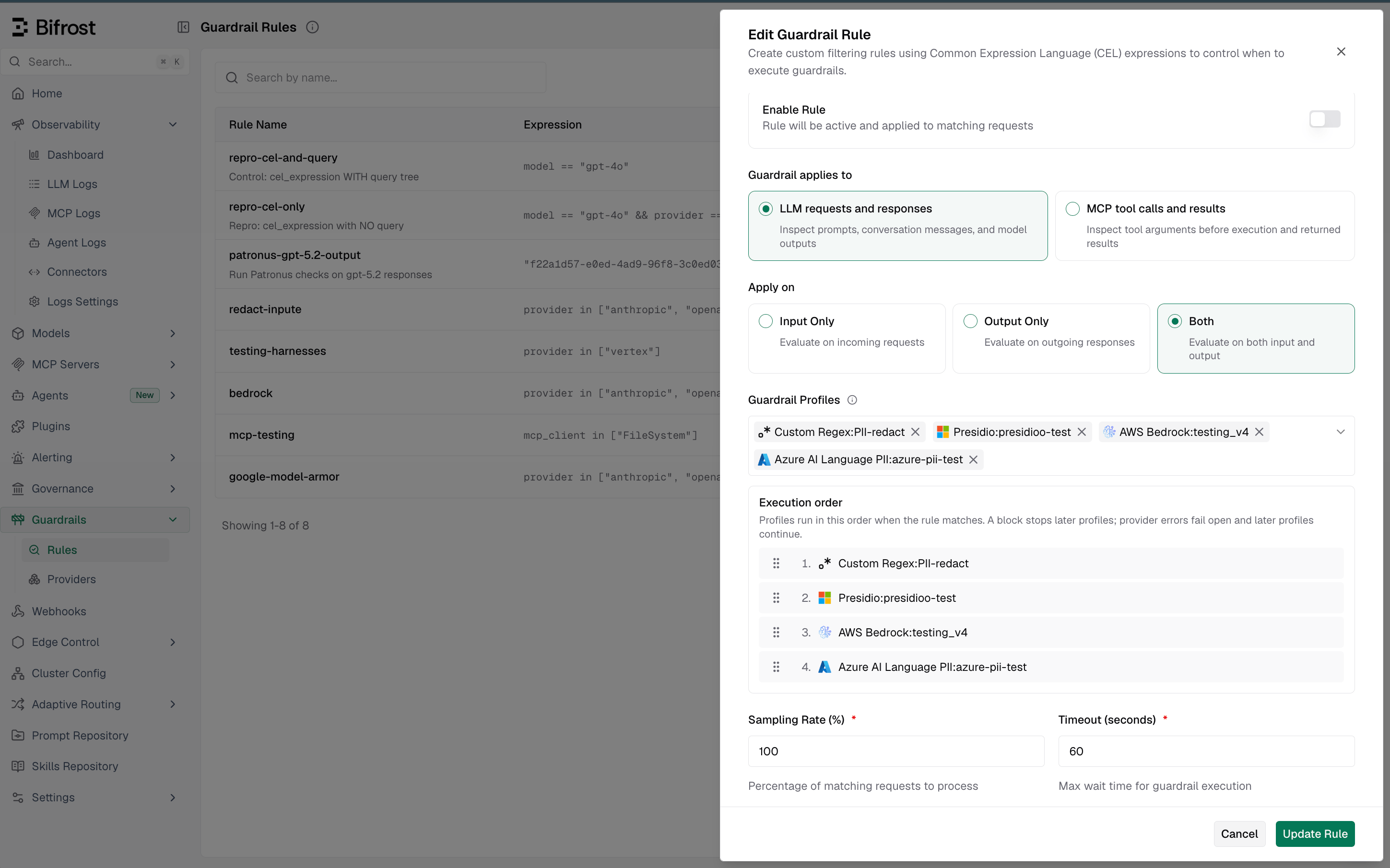 Guardrail rule editor with four linked profiles and an Execution order list that can be reordered by dragging