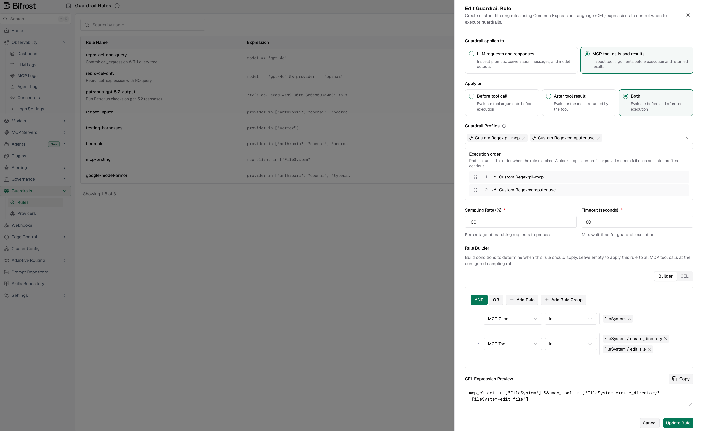 MCP guardrail rule editor showing the MCP target, before and after execution phases, two linked profiles with their execution order, and MCP client and tool conditions