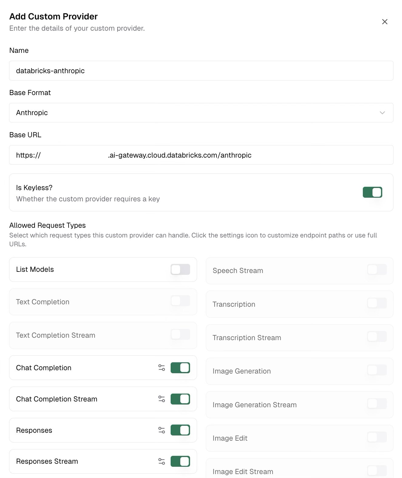 Add Custom Provider dialog configured for Anthropic Messages with List Models toggled off
