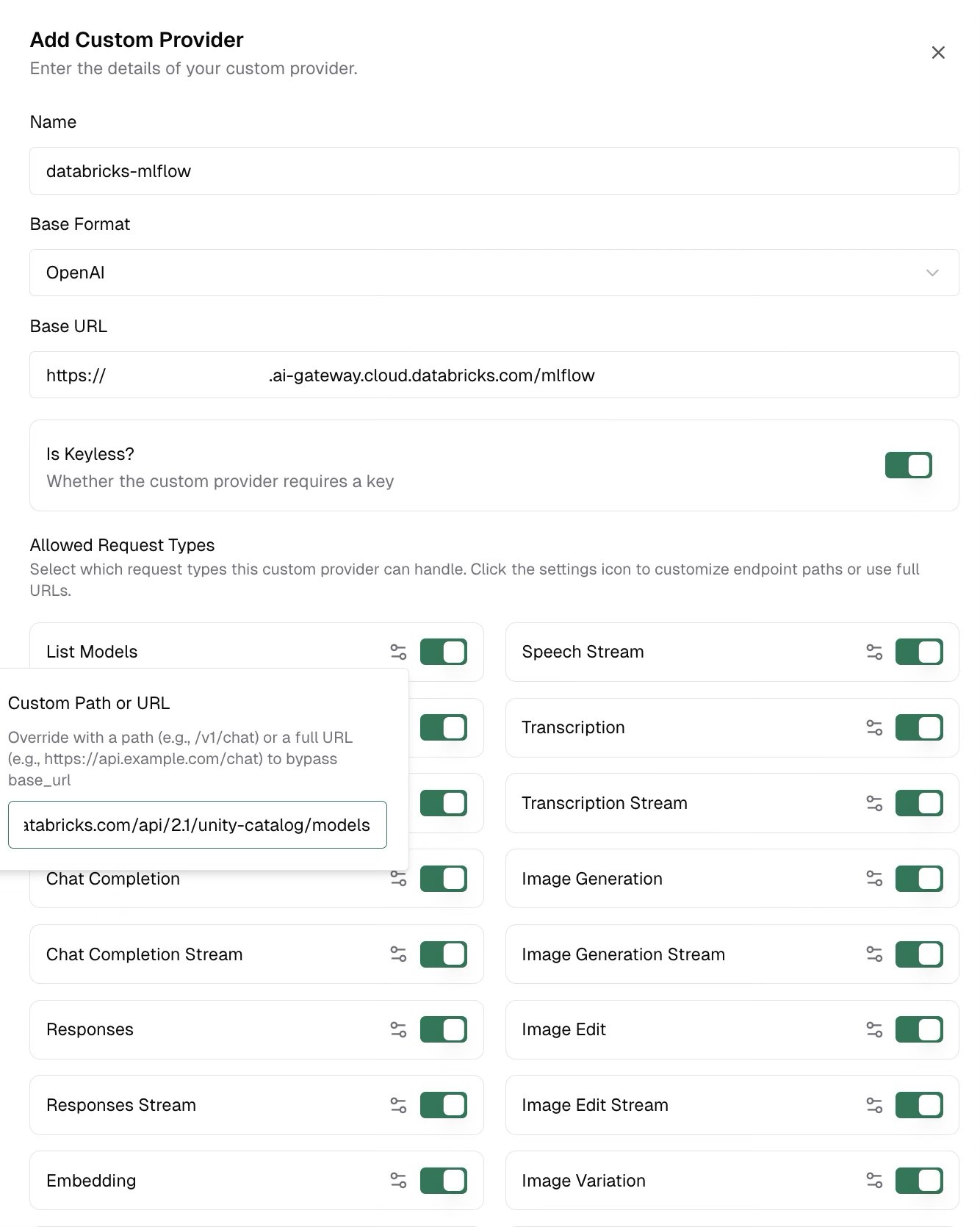 Add Custom Provider dialog configured for MLflow with the List Models custom path popover showing the Unity Catalog URL
