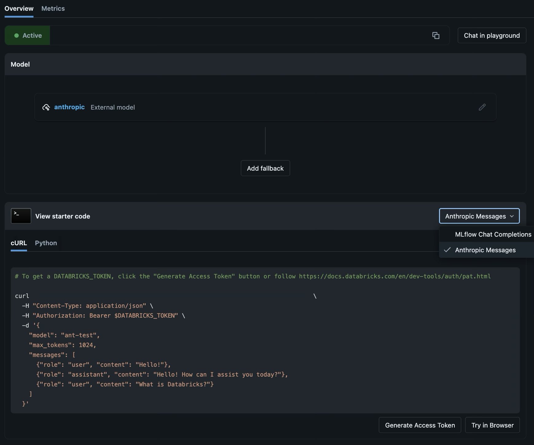 Databricks AI Gateway endpoint overview page showing the API format dropdown and Generate Access Token button
