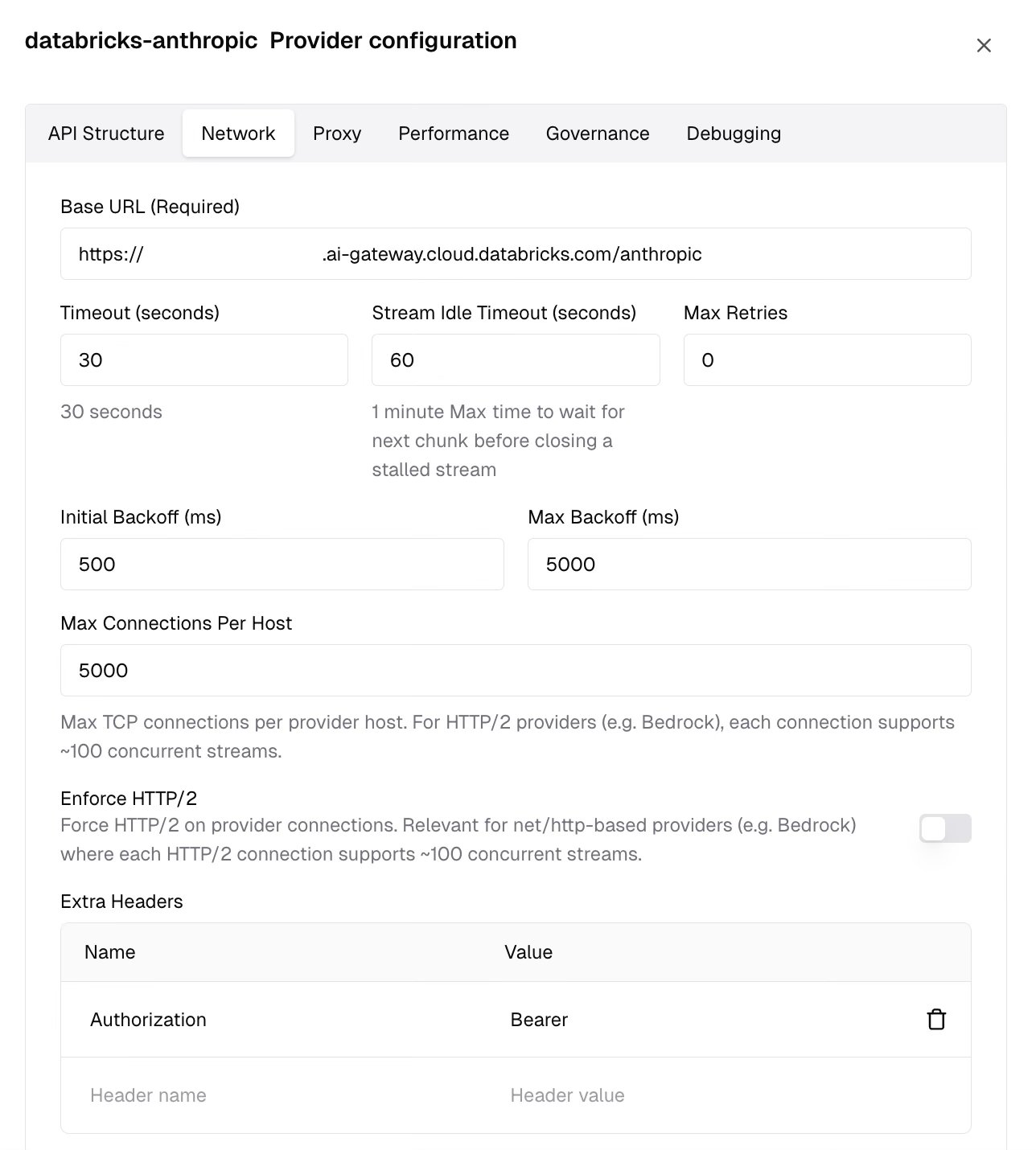 Provider configuration Network tab showing the Authorization header in Extra Headers for the Anthropic provider
