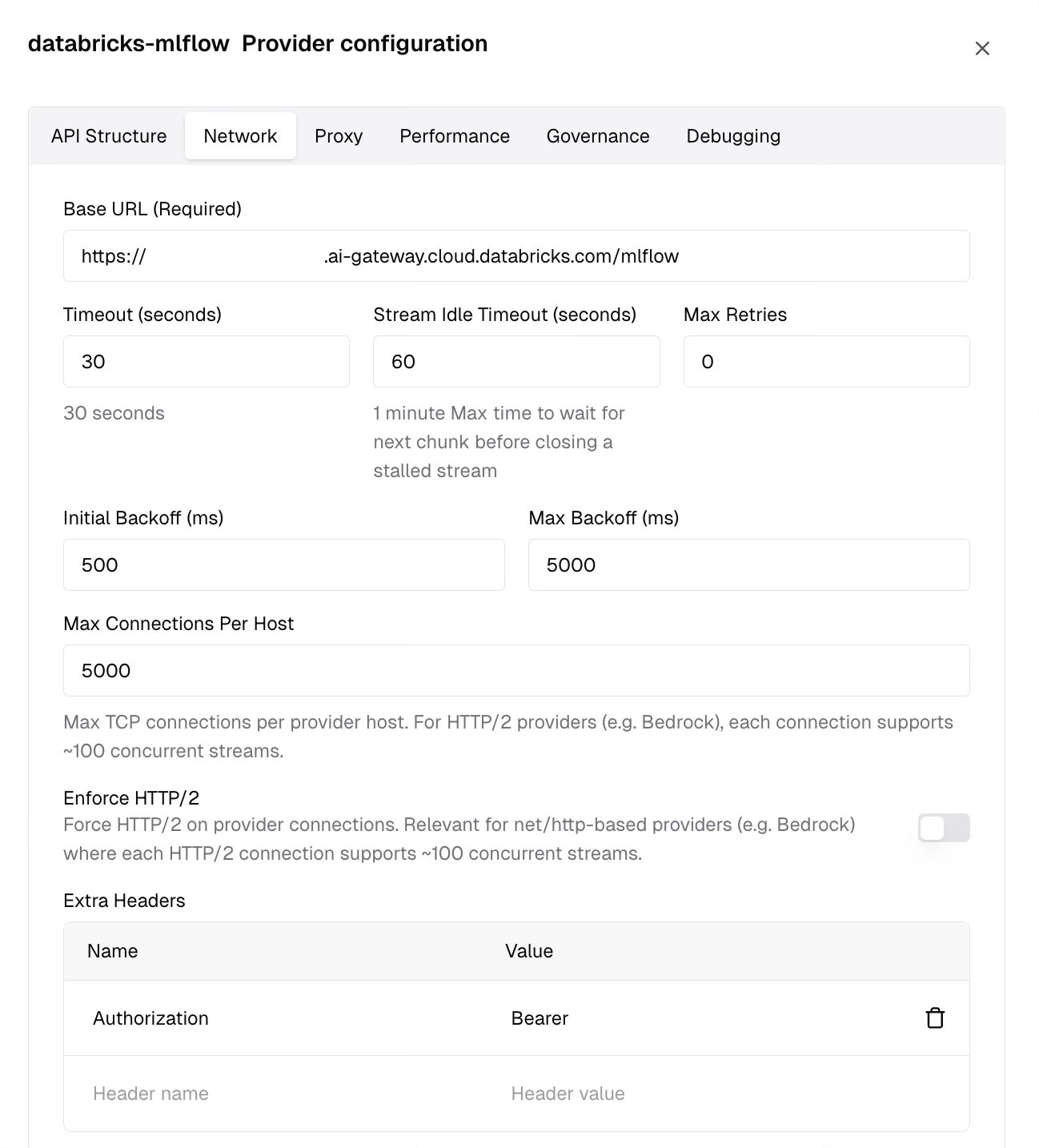 Provider configuration Network tab showing the Authorization header in Extra Headers for the MLflow provider