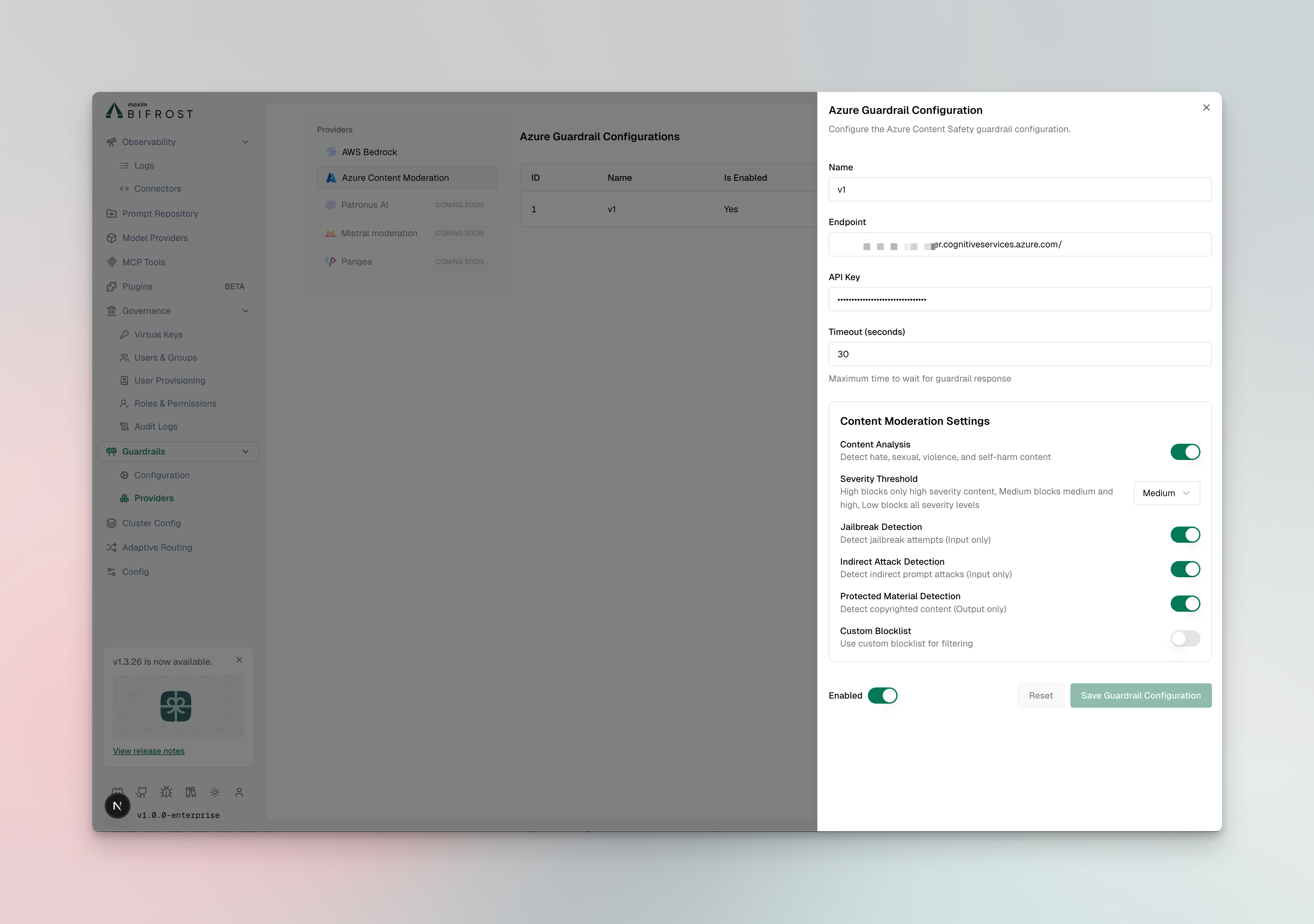 Azure Content Safety configuration form