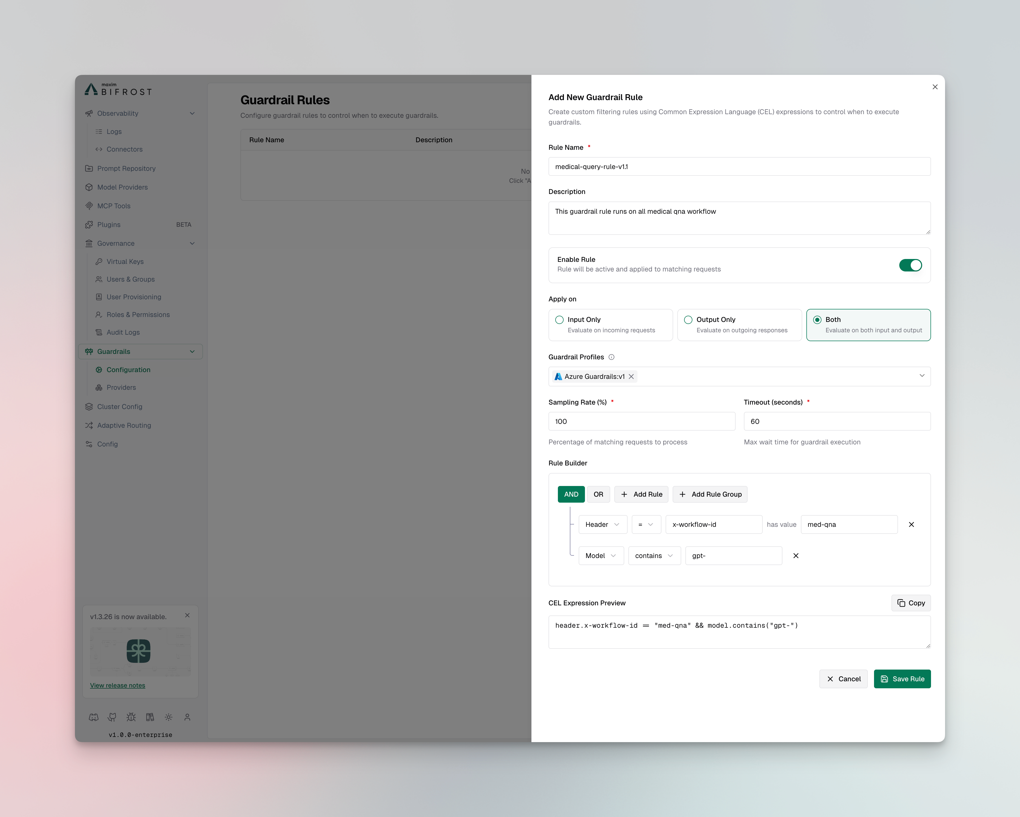 Guardrail rules list showing configured rules with status and actions