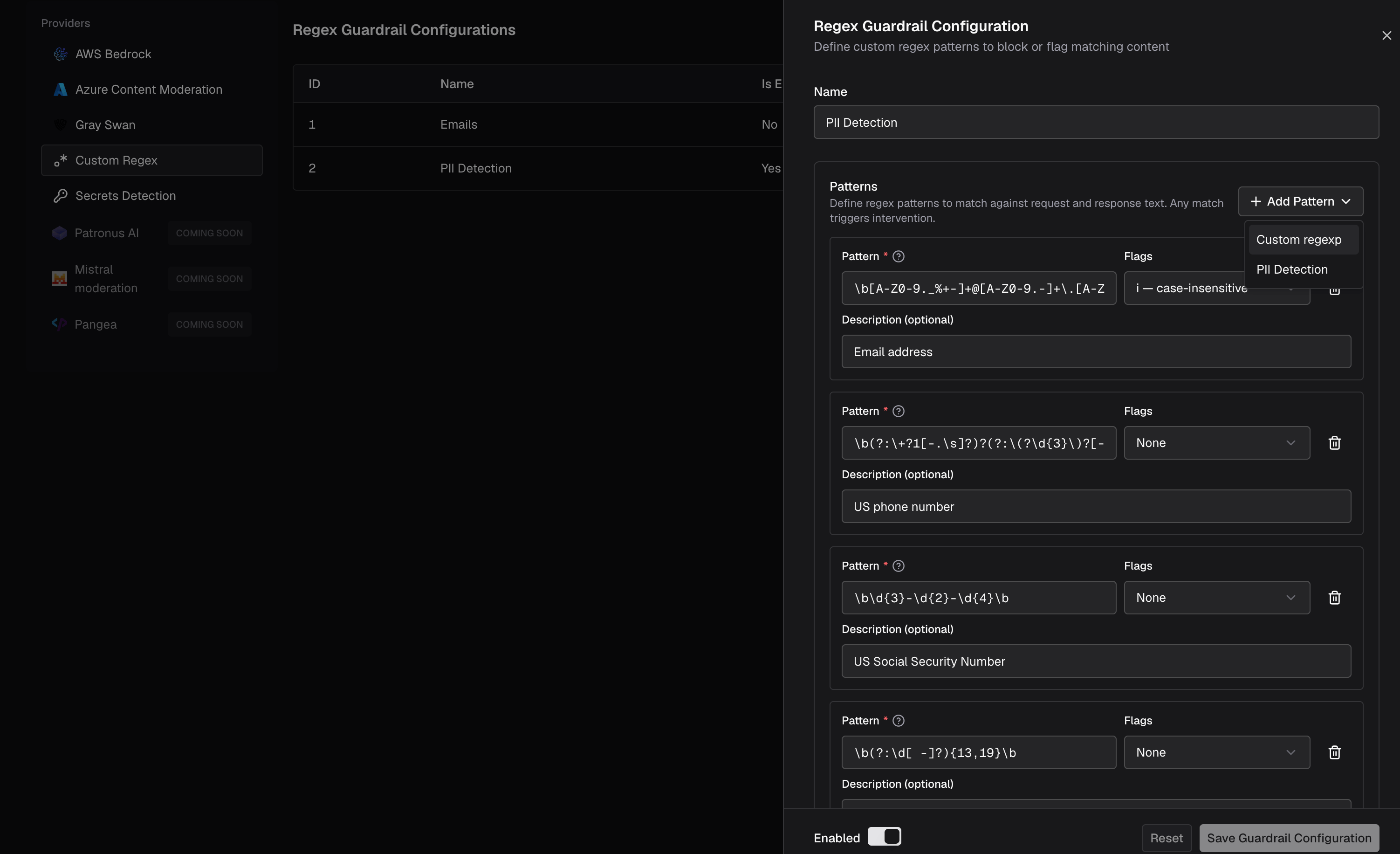 PII Detection template selected from the Custom Regex pattern menu